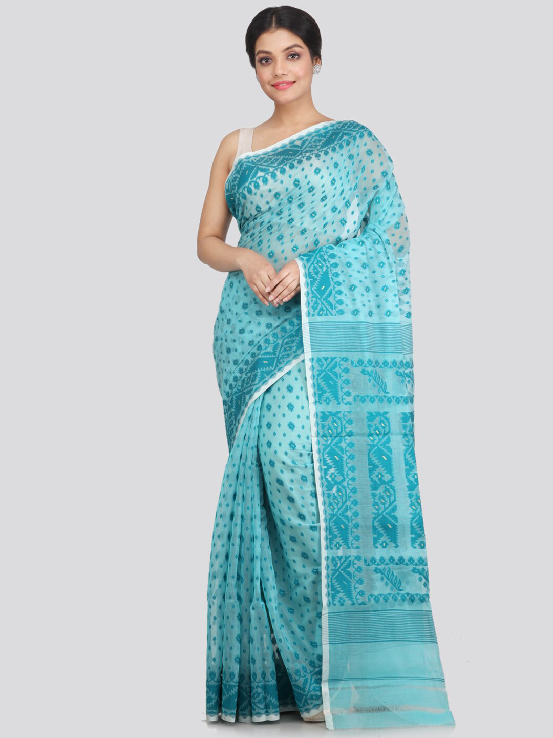 

PinkLoom Turquoise Blue Ethnic Motifs Pure Cotton Jamdani Saree