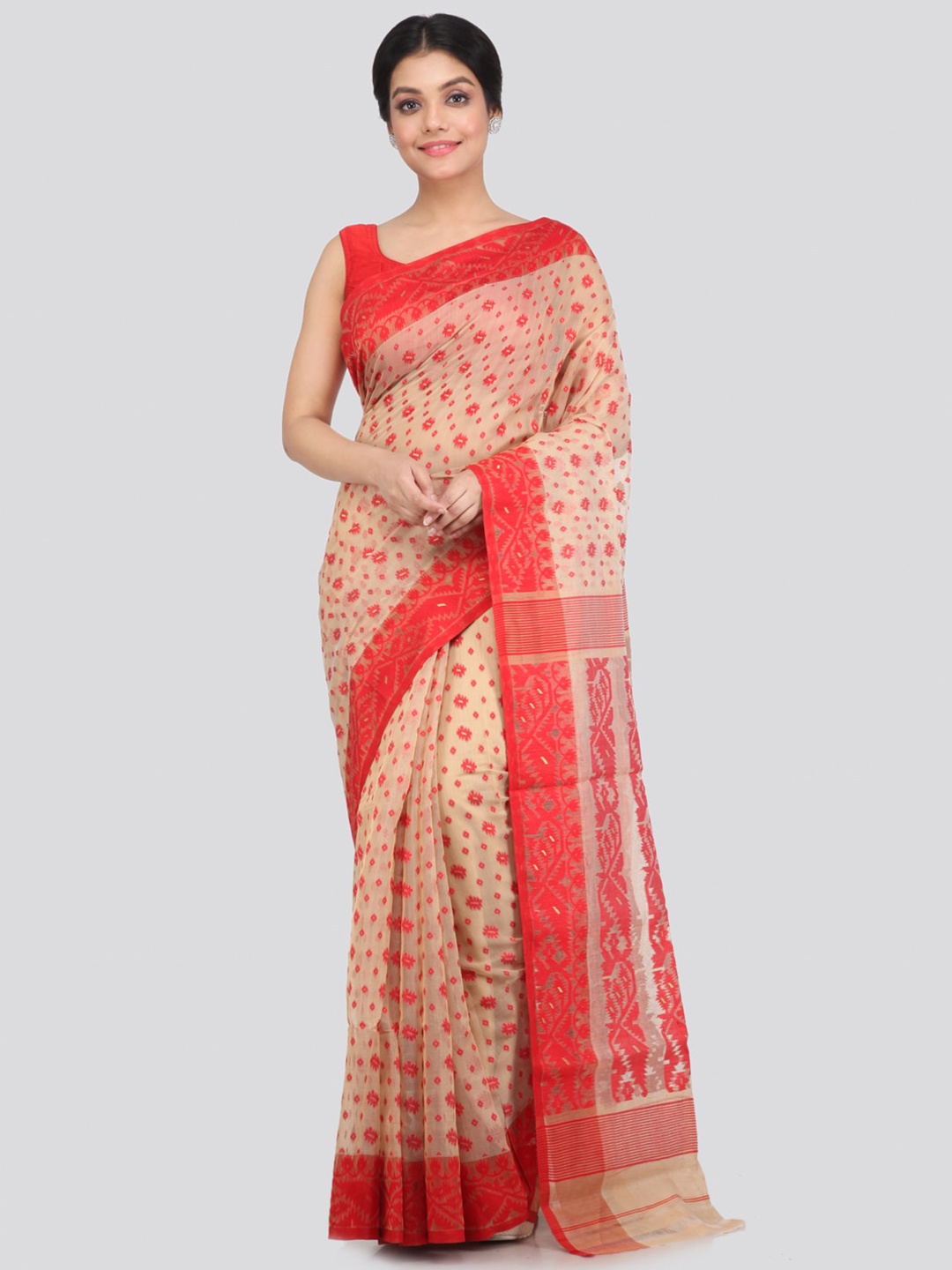 

PinkLoom Beige & Red Woven Design Pure Cotton Jamdani Saree