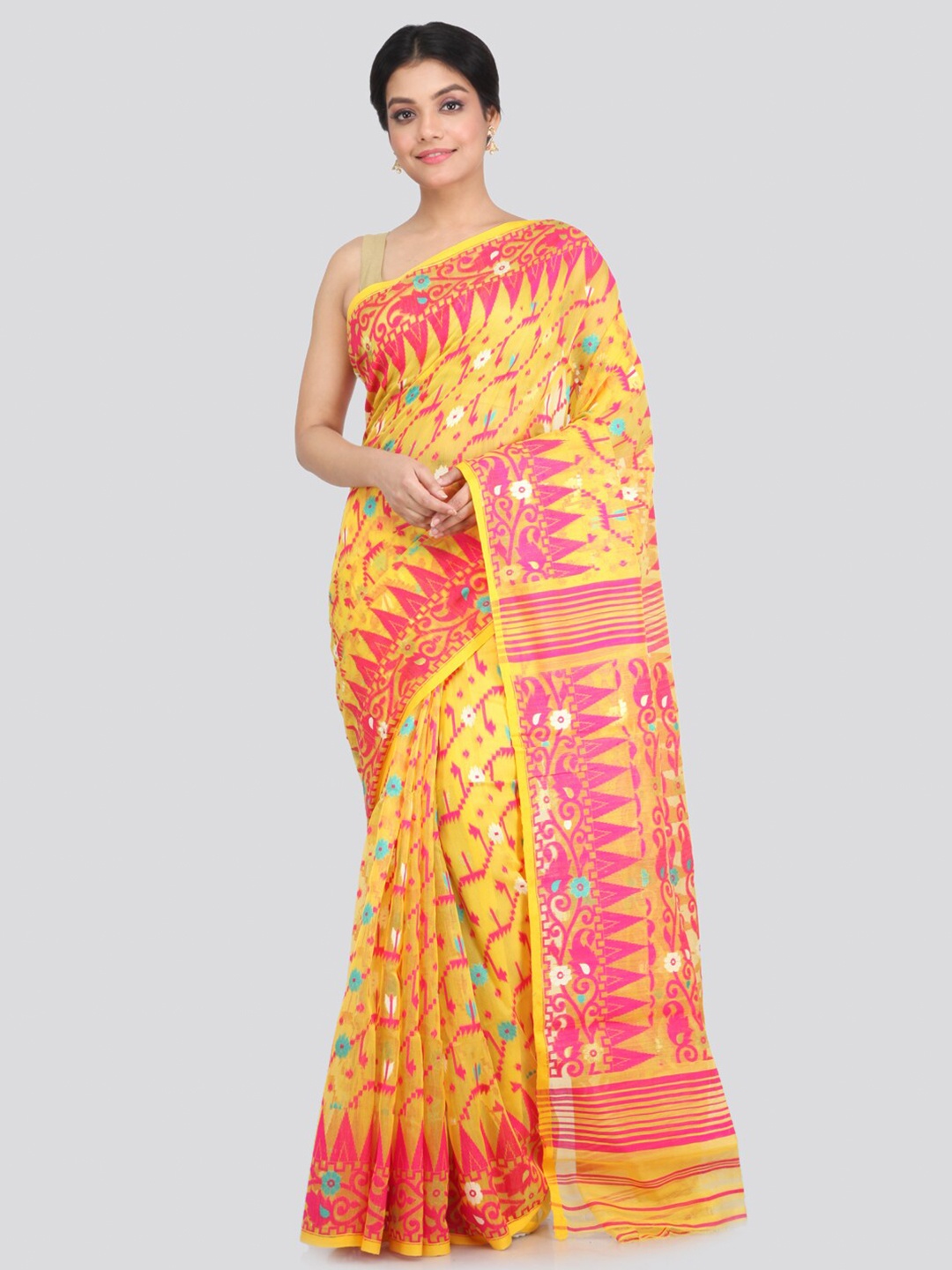 

PinkLoom Yellow & Pink Paisley Pure Cotton Jamdani Saree
