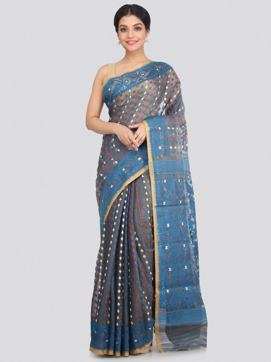 

PinkLoom Grey & Blue Woven Design Zari Pure Cotton Jamdani Saree