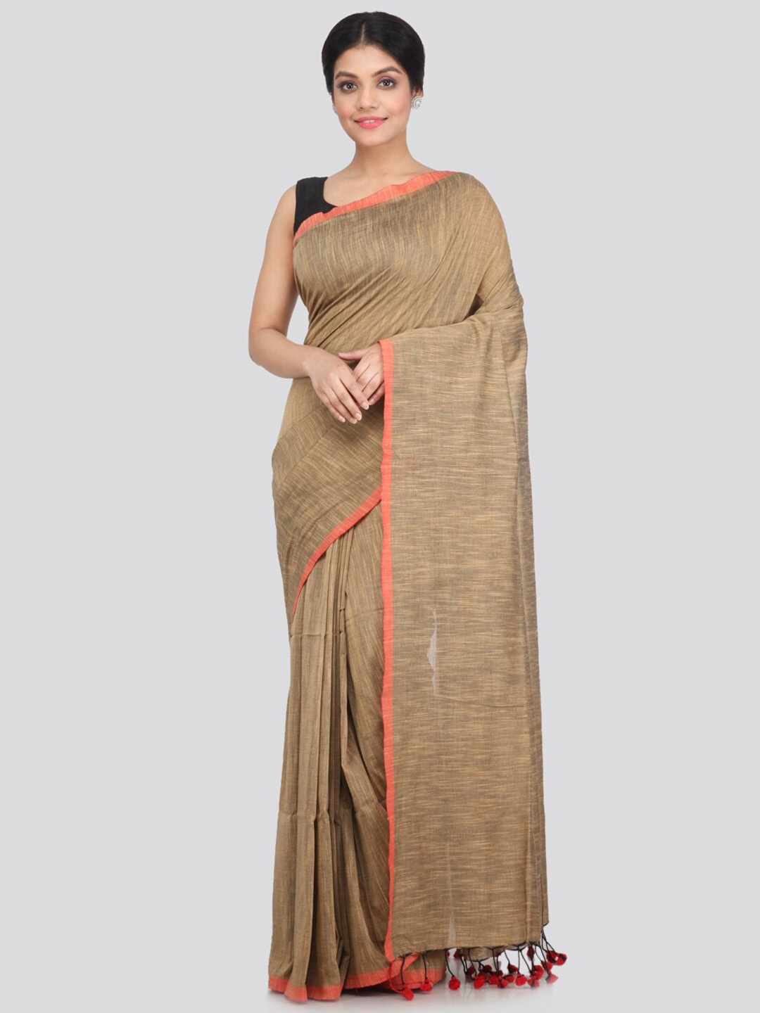 

PinkLoom Brown & Coral Pure Cotton Khadi Saree