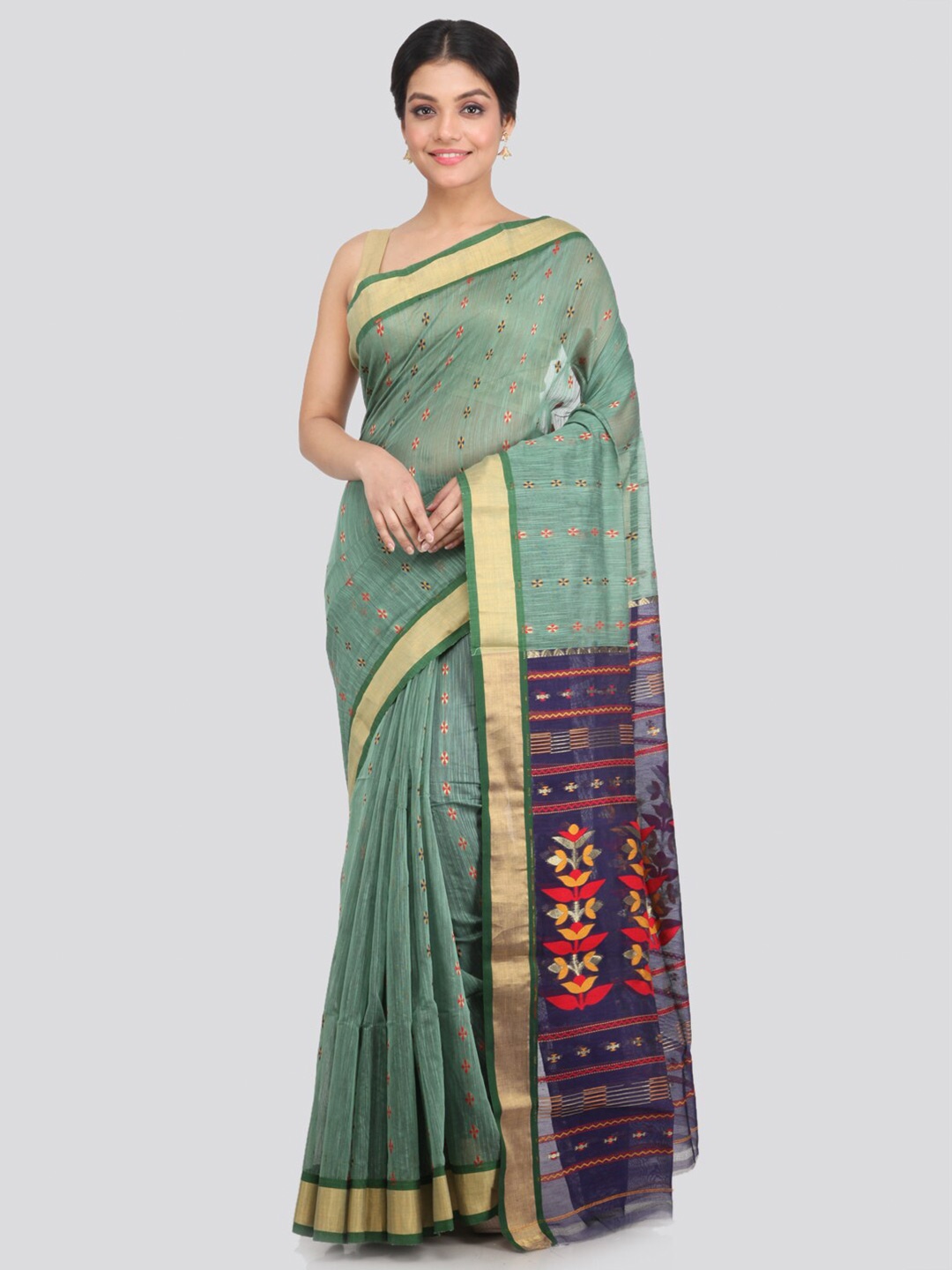 

PinkLoom Green & Blue Ethnic Motifs Zari Saree