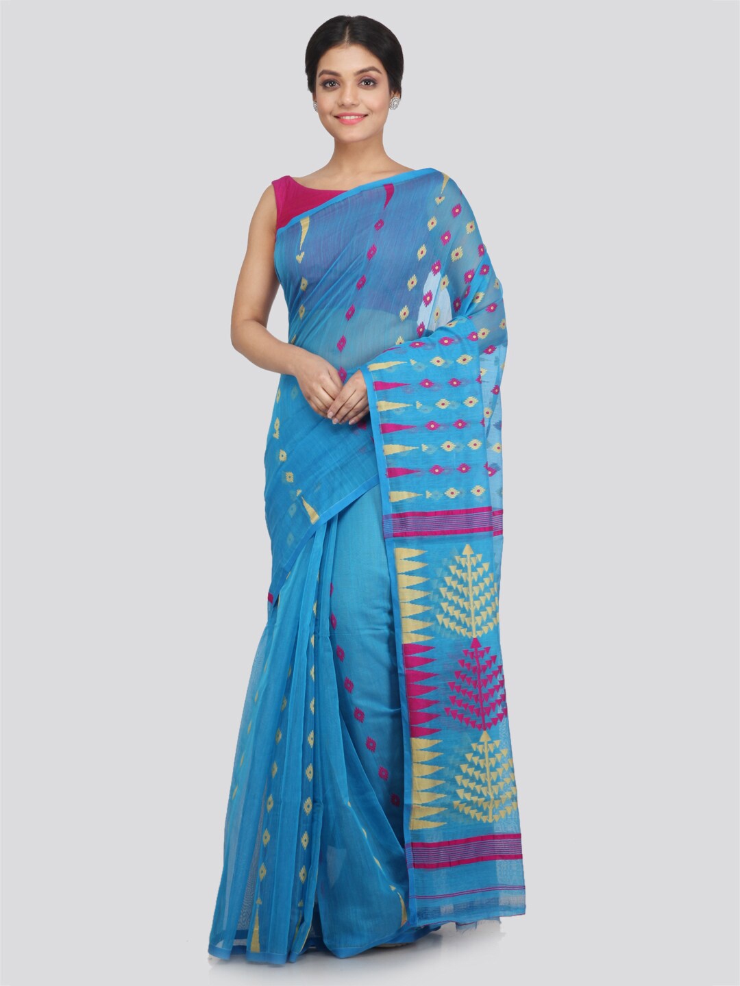 

PinkLoom Blue & Pink Woven Design Pure Cotton Jamdani Saree