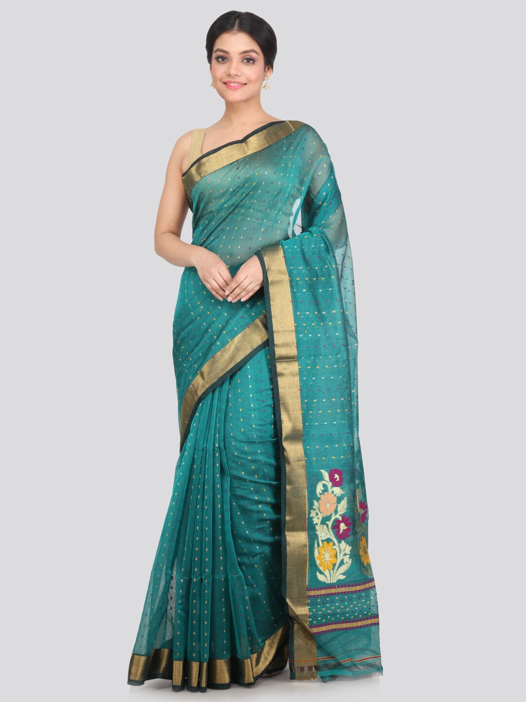 

PinkLoom Blue & Gold-Toned Woven Design Zari Saree