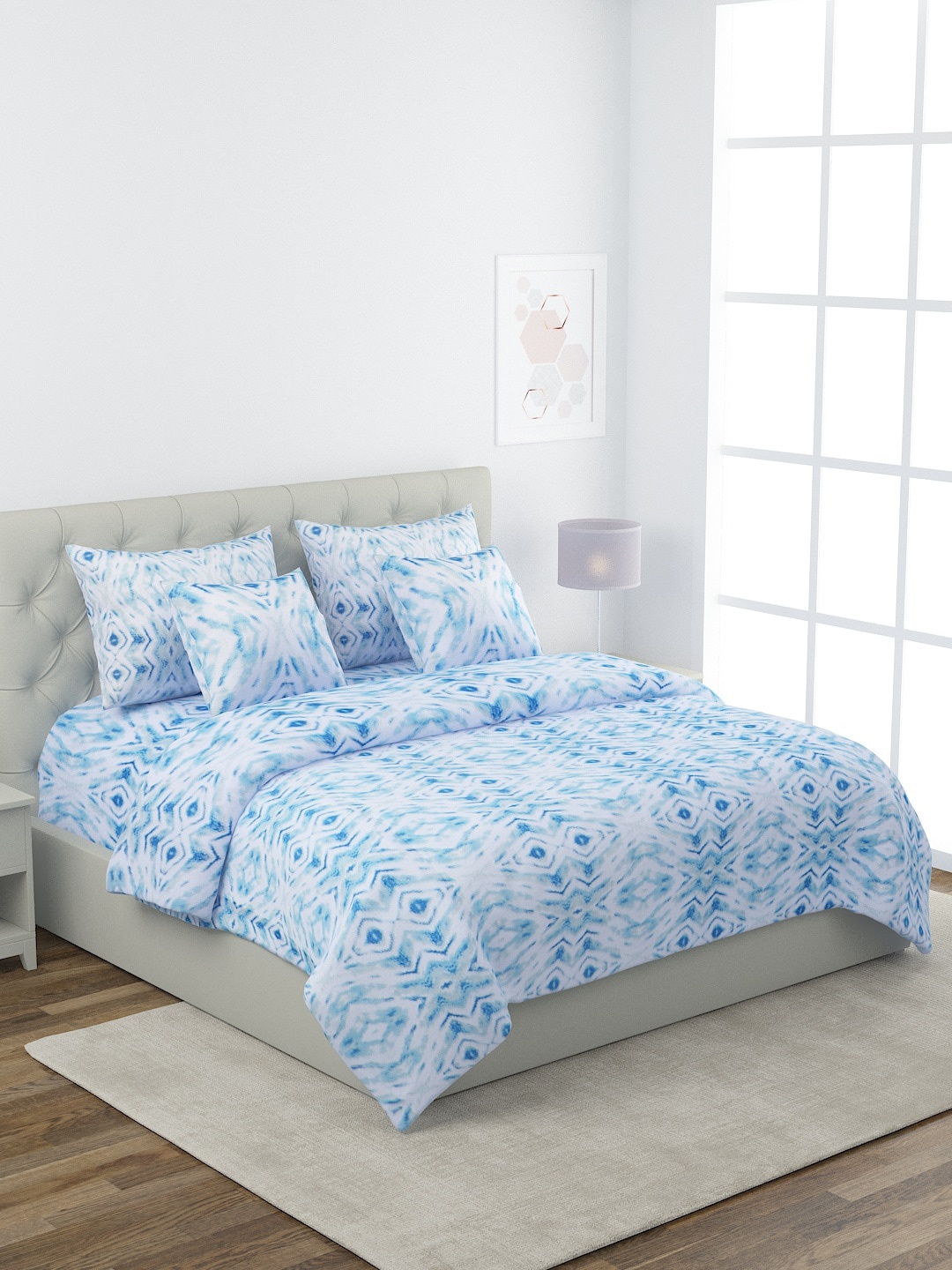 

ROMEE Blue & White Printed Pure Cotton Superfine Double King Bedding Set