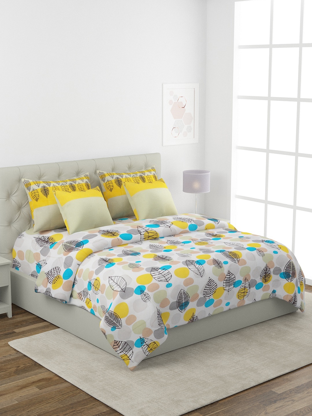 

ROMEE White & Yellow Printed Pure Cotton Superfine Double King Bedding Set
