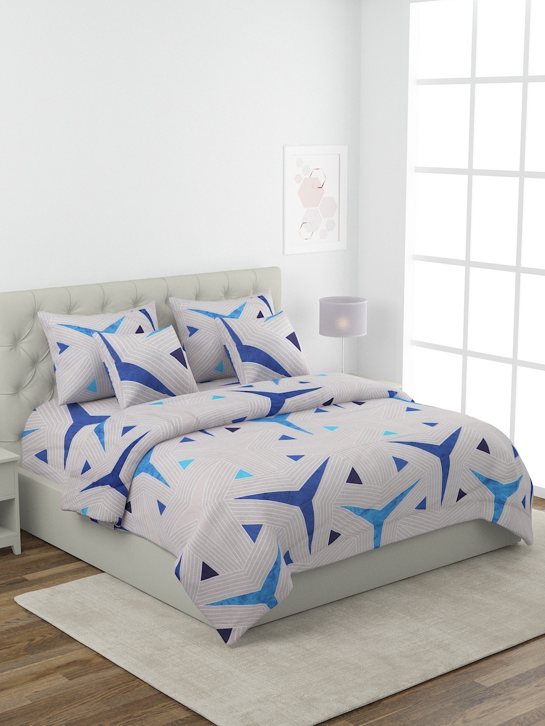 

ROMEE Grey & Blue Geometric Printed Double King Bedding Set with AC Comforter