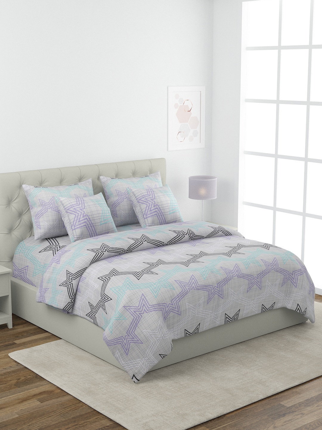 

ROMEE Grey & Turquoise Blue Quirky Printed Double King Bedding Set with AC Comforter