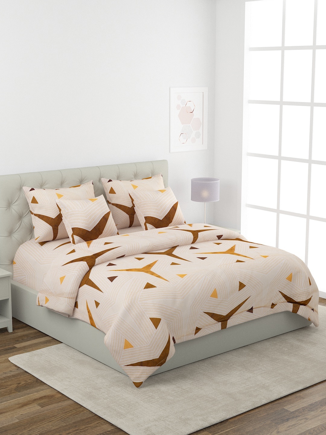 

ROMEE Beige & Brown Geometric Printed Double King Bedding Set with AC Comforter