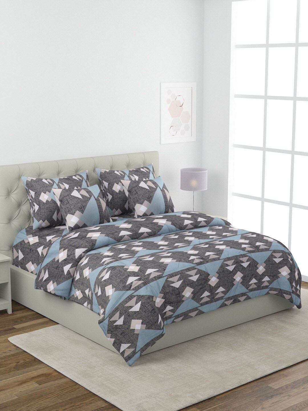 

ROMEE Grey & Blue Printed Pure Cotton Superfine Double King Bedding Set