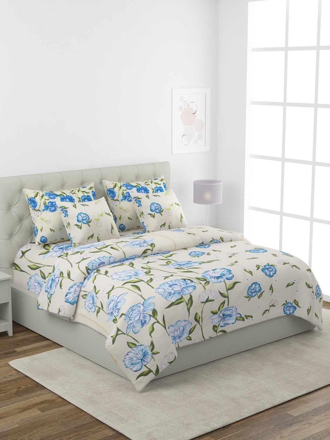 

ROMEE Cream-Coloured & Blue Printed Pure Cotton Superfine Double King Bedding Set