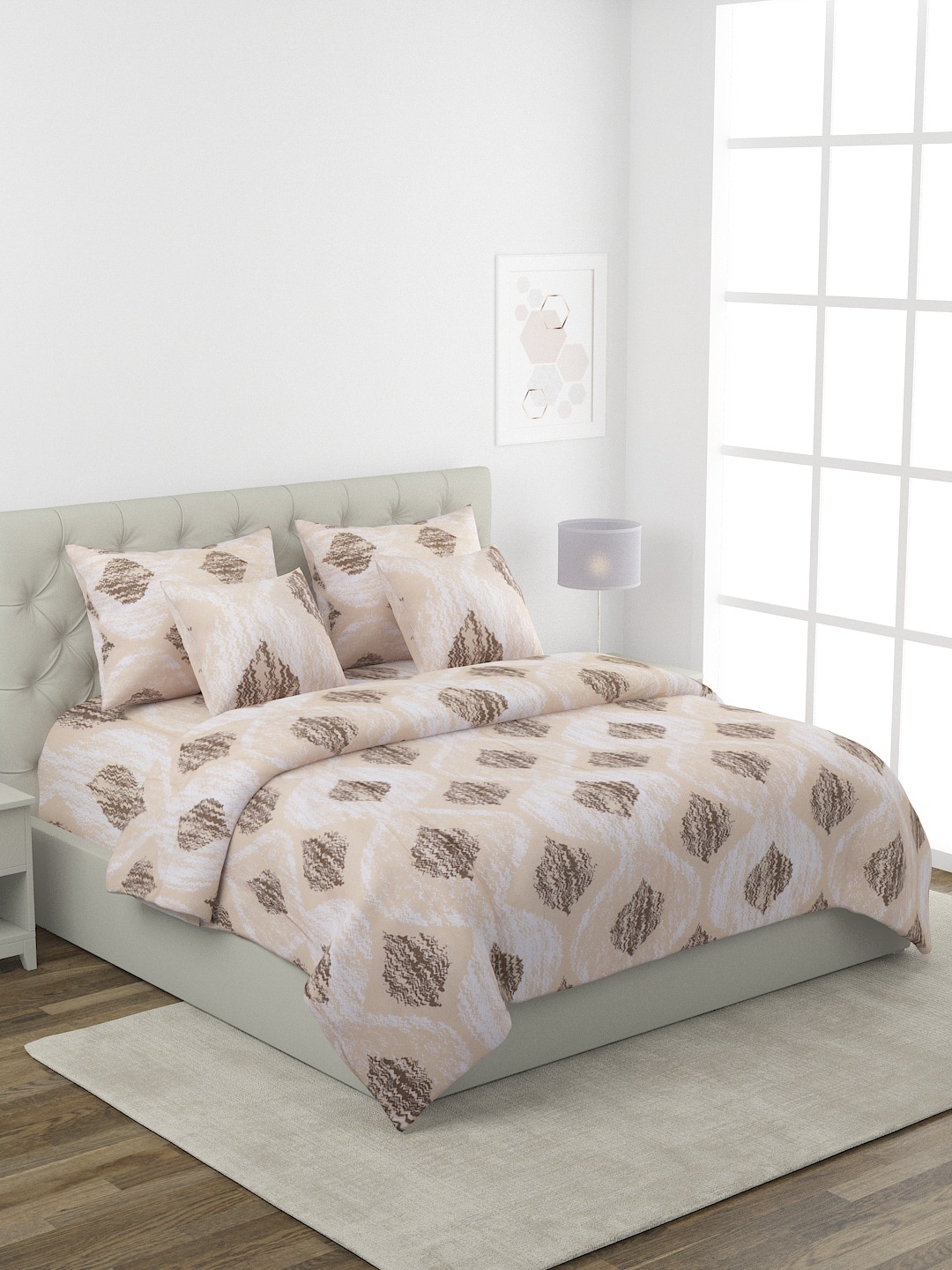 

ROMEE Peach-Coloured & Brown Printed Pure Cotton Superfine Double King Bedding Set