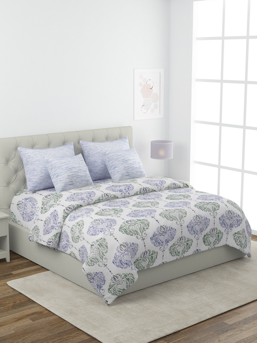 

ROMEE Blue & White Printed Pure Cotton Superfine Double King Bedding Set