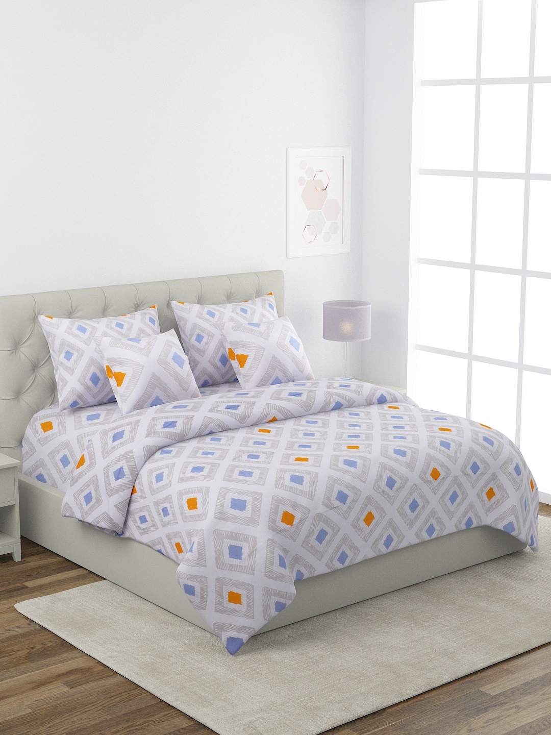 

ROMEE Grey & Blue Geometric Printed Double King Bedding Set with AC Comforter