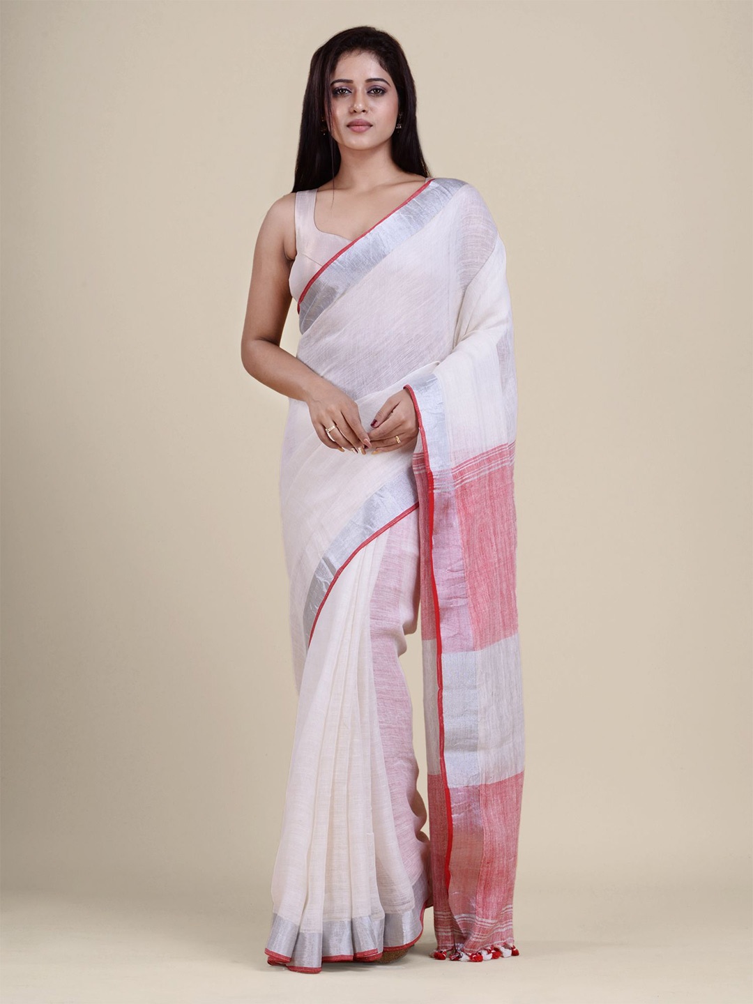 

Charukriti Peach-Coloured & Pink Zari Pure Linen Saree