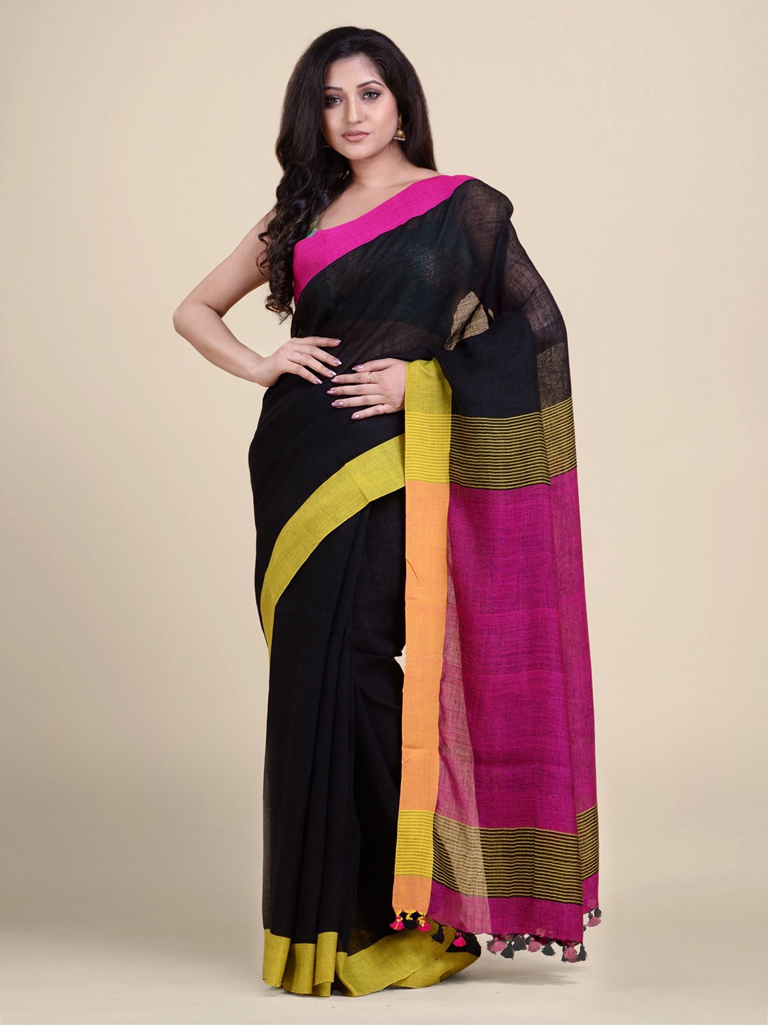 

Charukriti Black & Magenta Pure Linen Saree