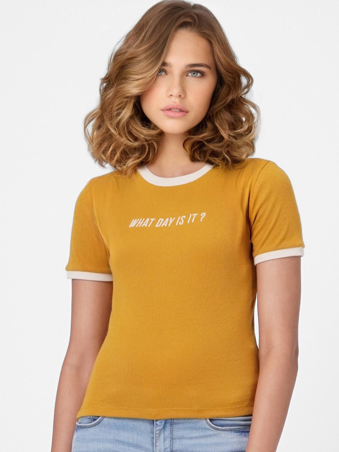 

ONLY Women Yellow Printed Slim Fit T-shirt