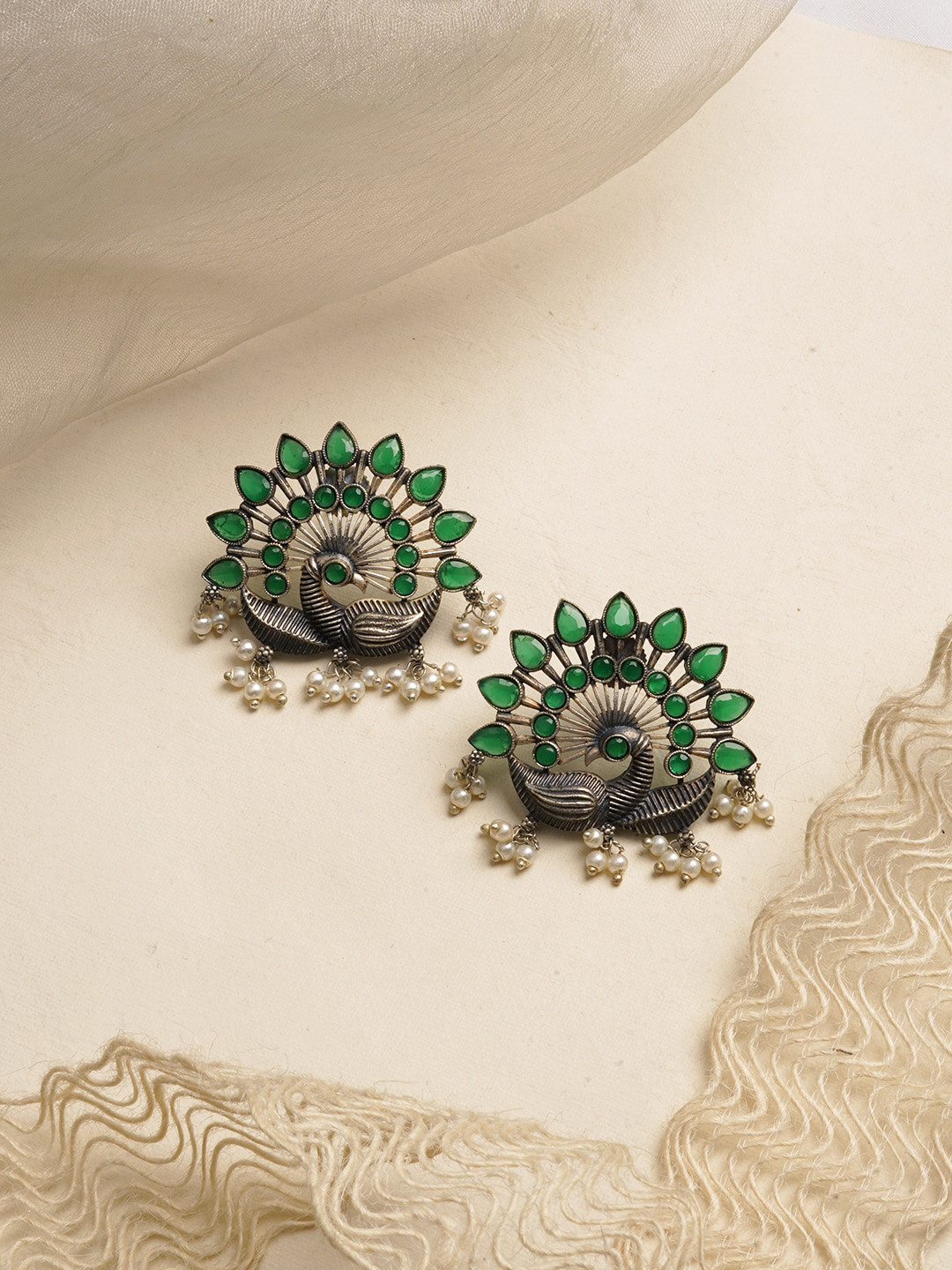 

TEEJH Oxidised Silver-Toned & Green Peacock Studs Earrings