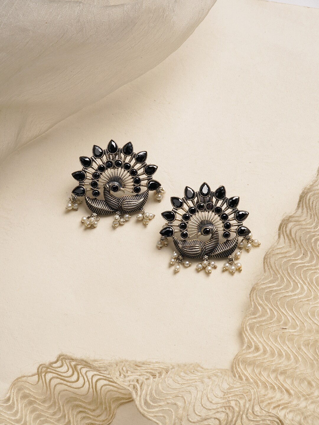 

TEEJH Oxidised Silver-Toned & Black Peacock Studs Earrings
