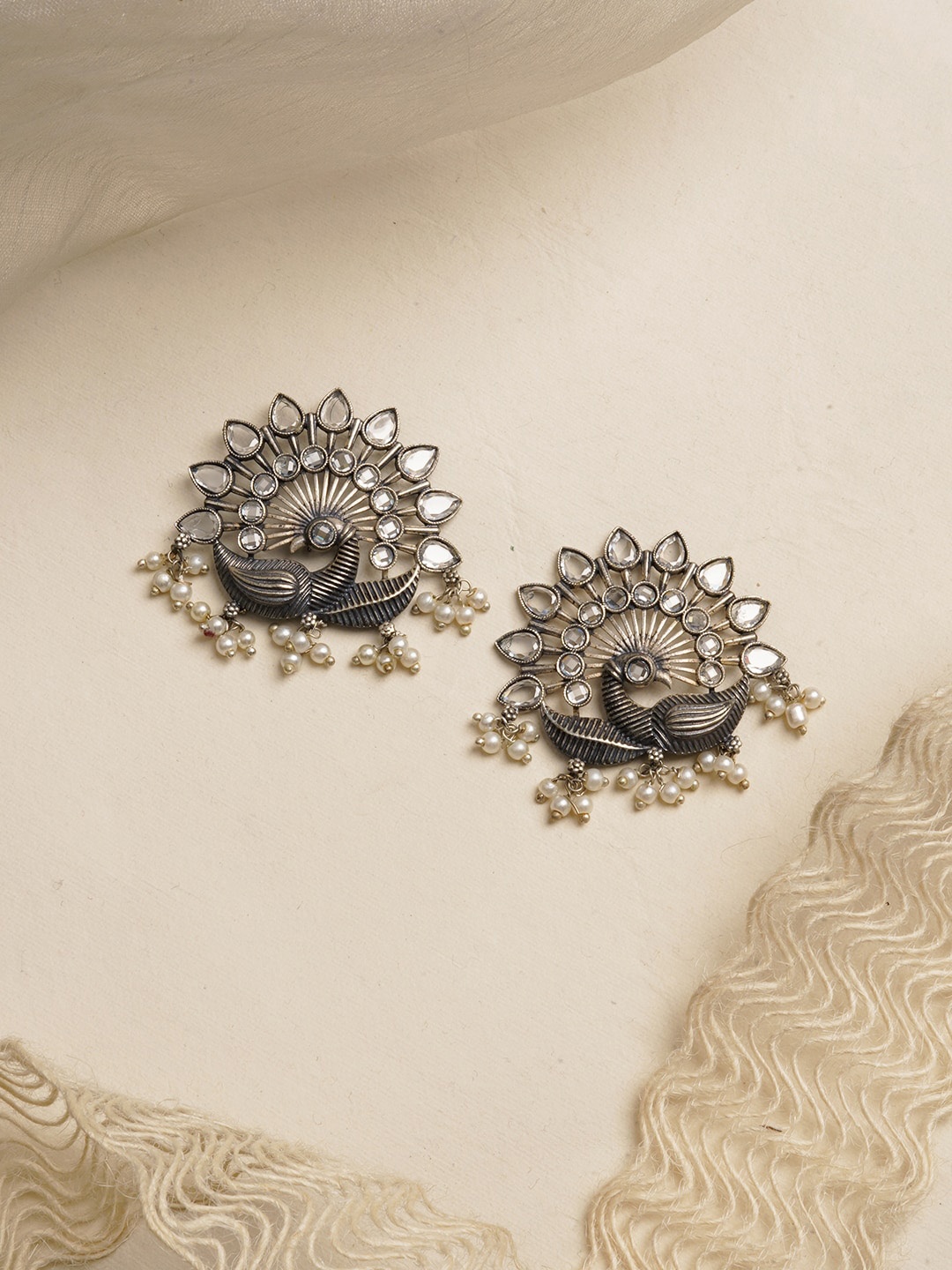 

TEEJH Oxidised Silver-Plated White Peacock-Shaped Stud Earrings