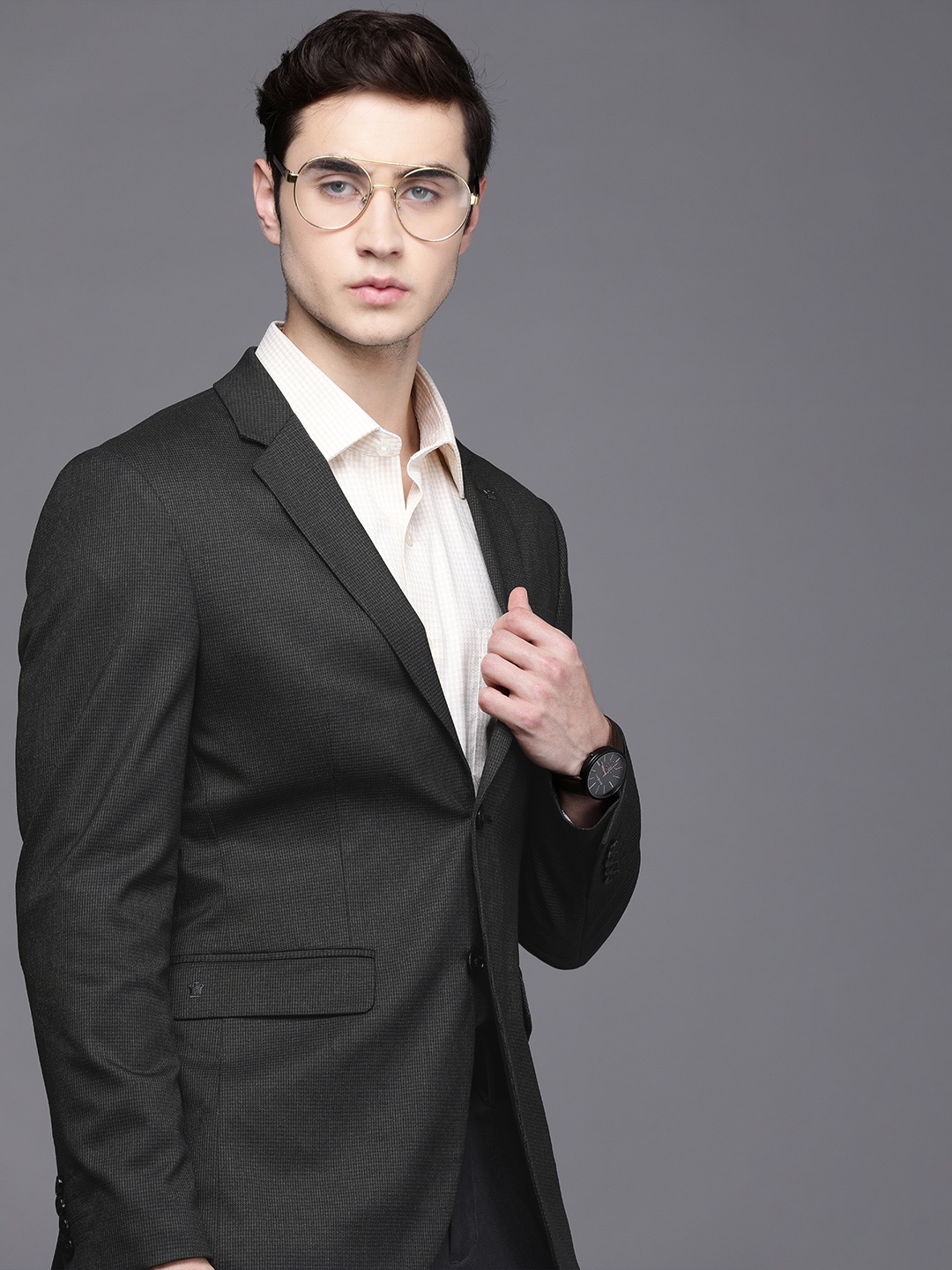 

Louis Philippe Men Grey Checked Slim Fit Single Breasted Formal Blazer