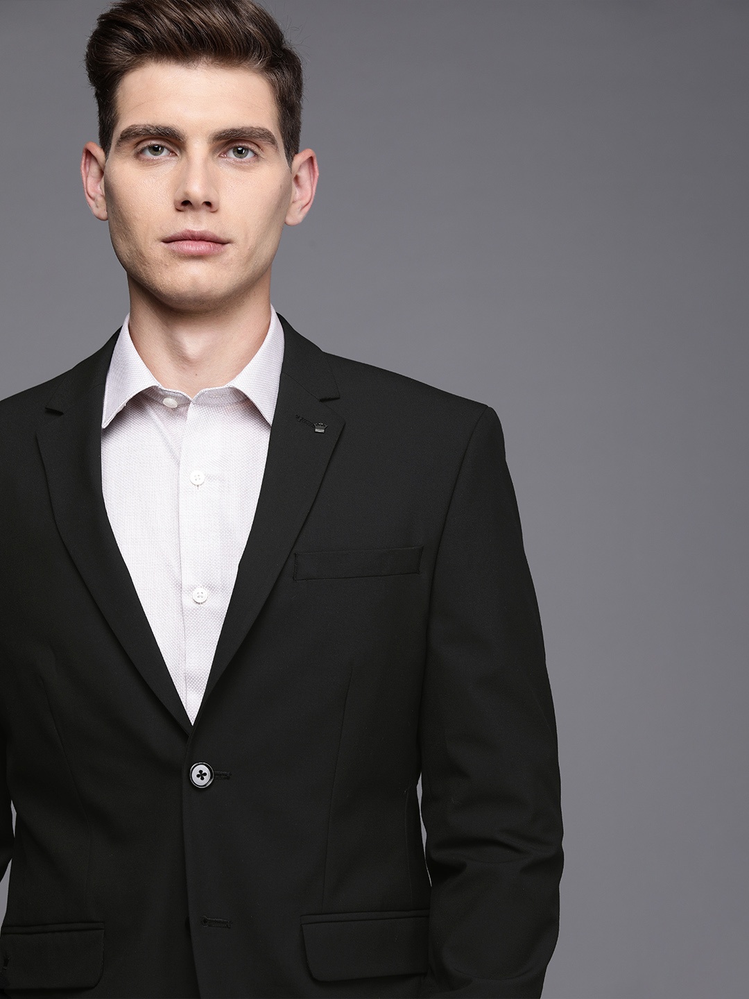 

Louis Philippe Men Black Self Design Single-Breasted Blazer