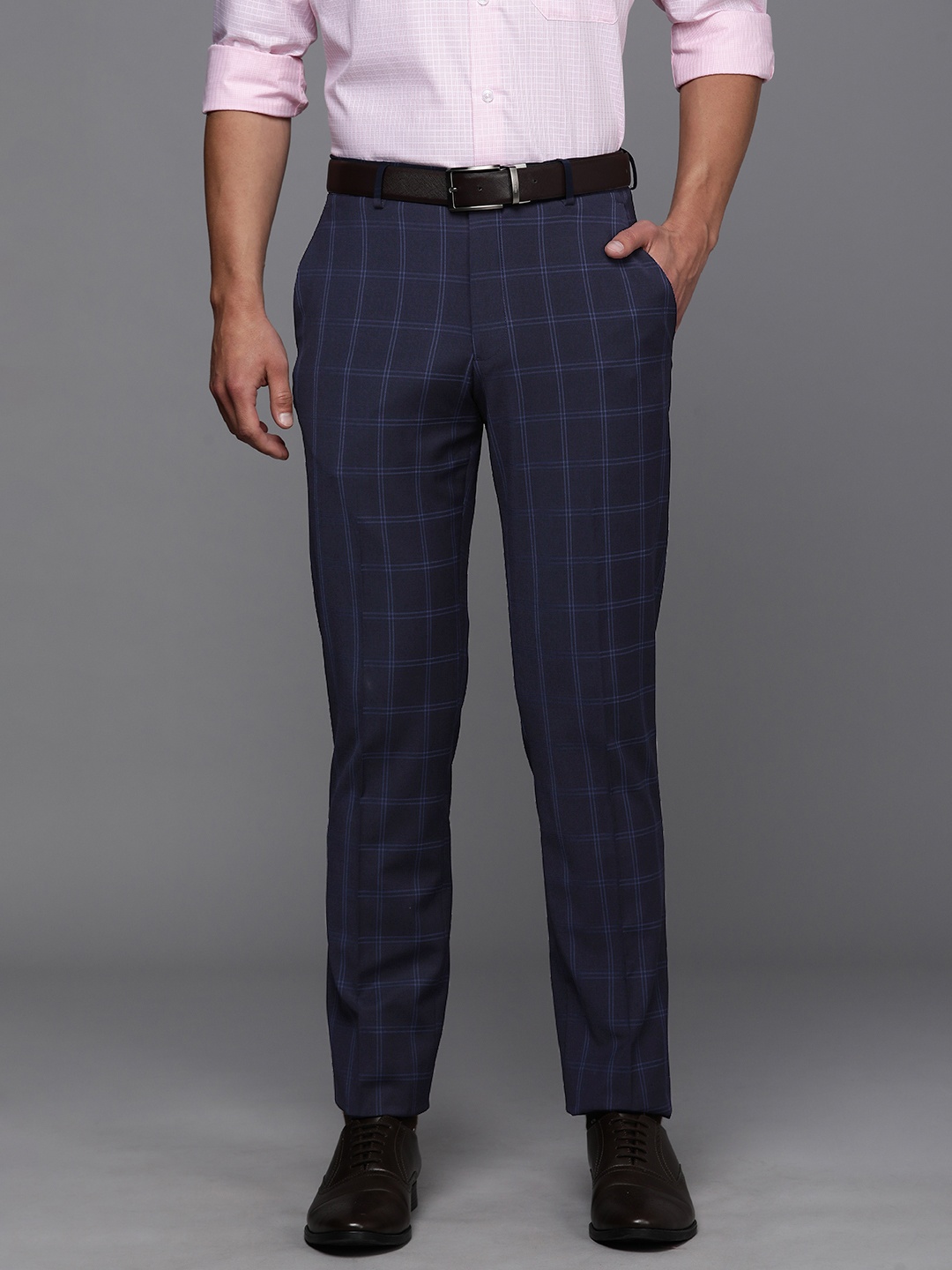 

Louis Philippe Men Navy Blue Checked Slim Fit Formal Trousers