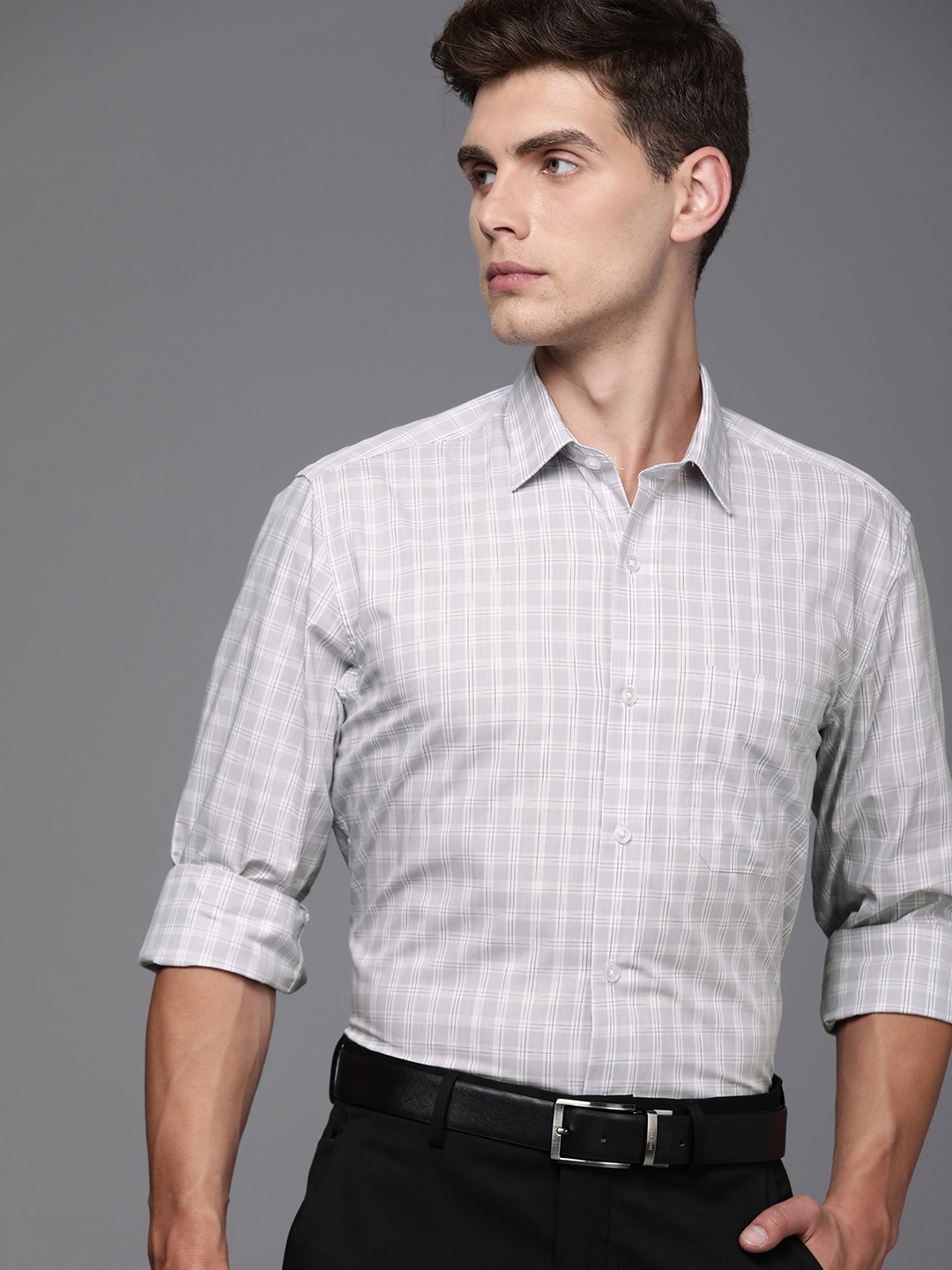 

Louis Philippe Men Grey Checked Slim Fit Pure Cotton Formal Shirt