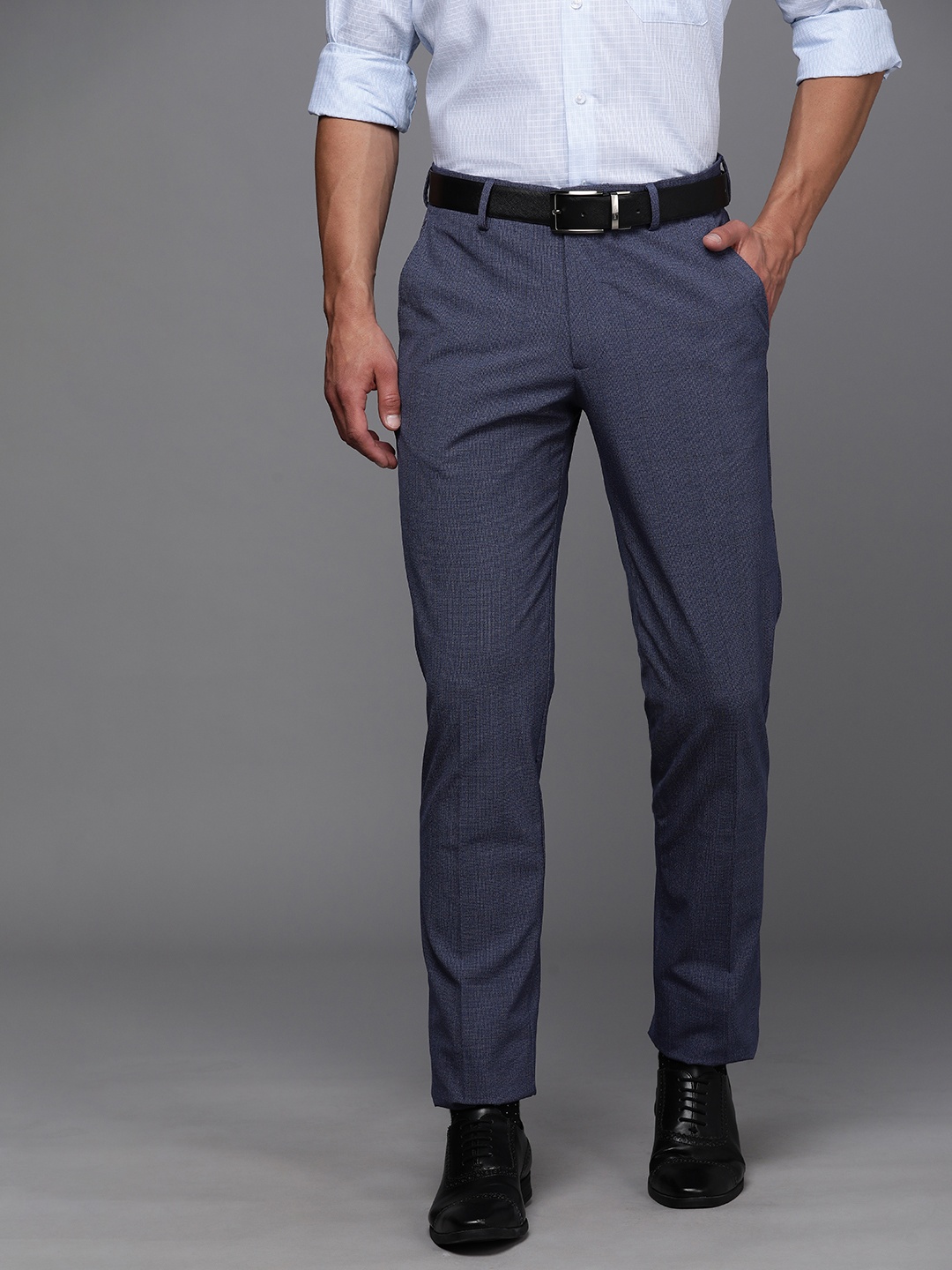 

Louis Philippe Men Navy Blue Self Designed Slim Fit Easy Wash Trousers