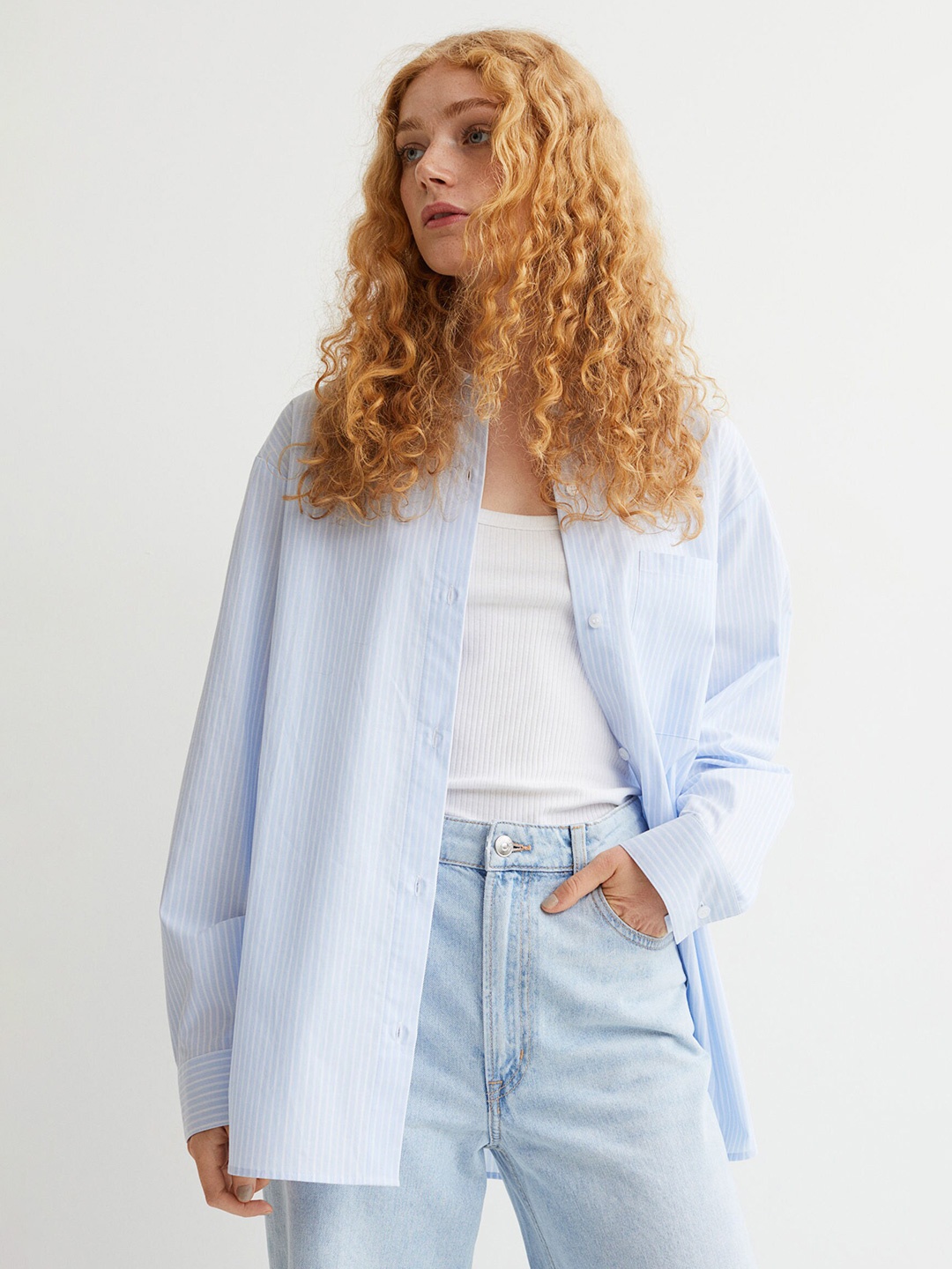

H&M Women Blue Oversized Cotton Shirt