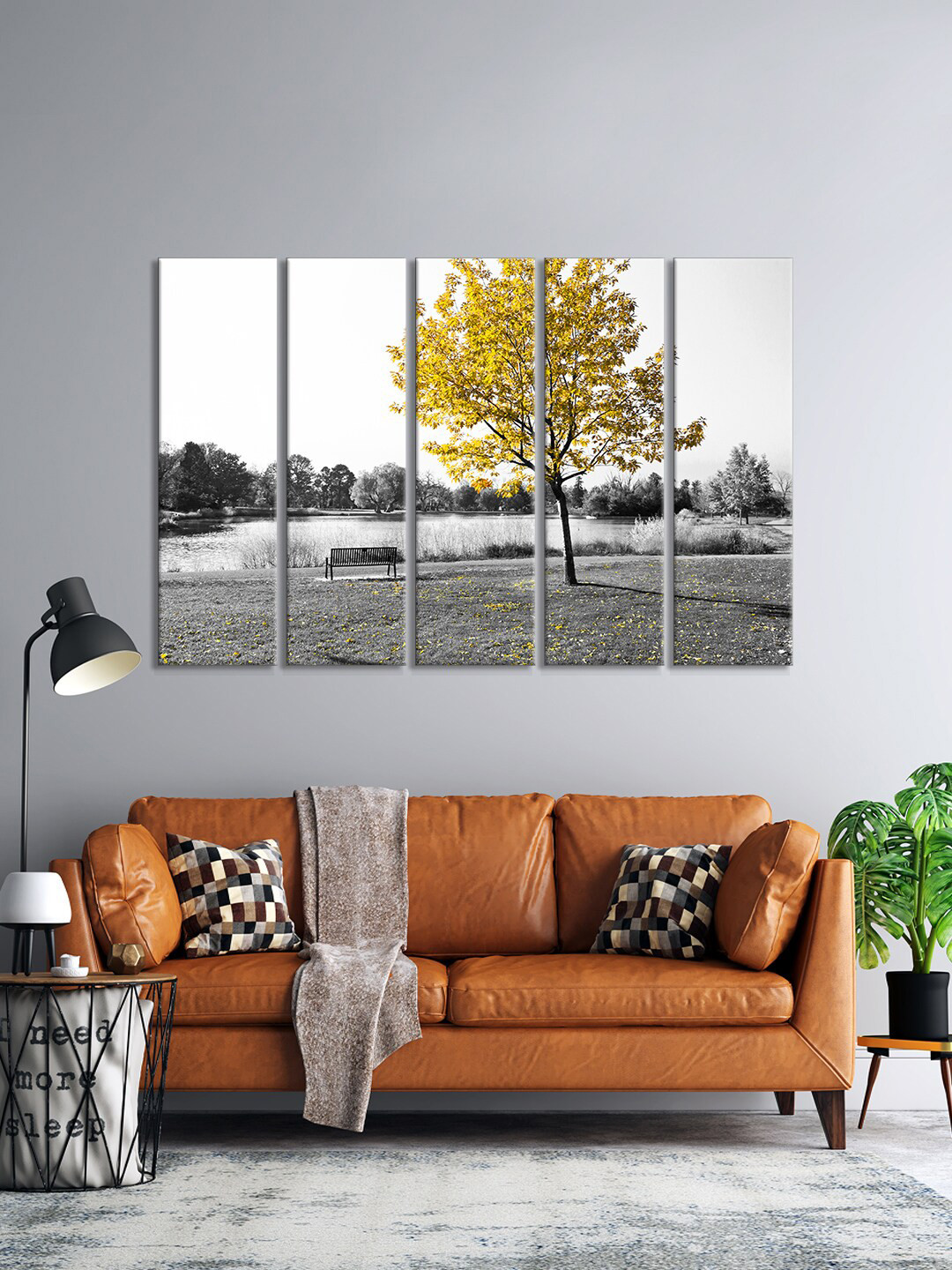 

999Store Set Of 5 White & Grey Tree & Bench Nature Painting Framed Wall Art