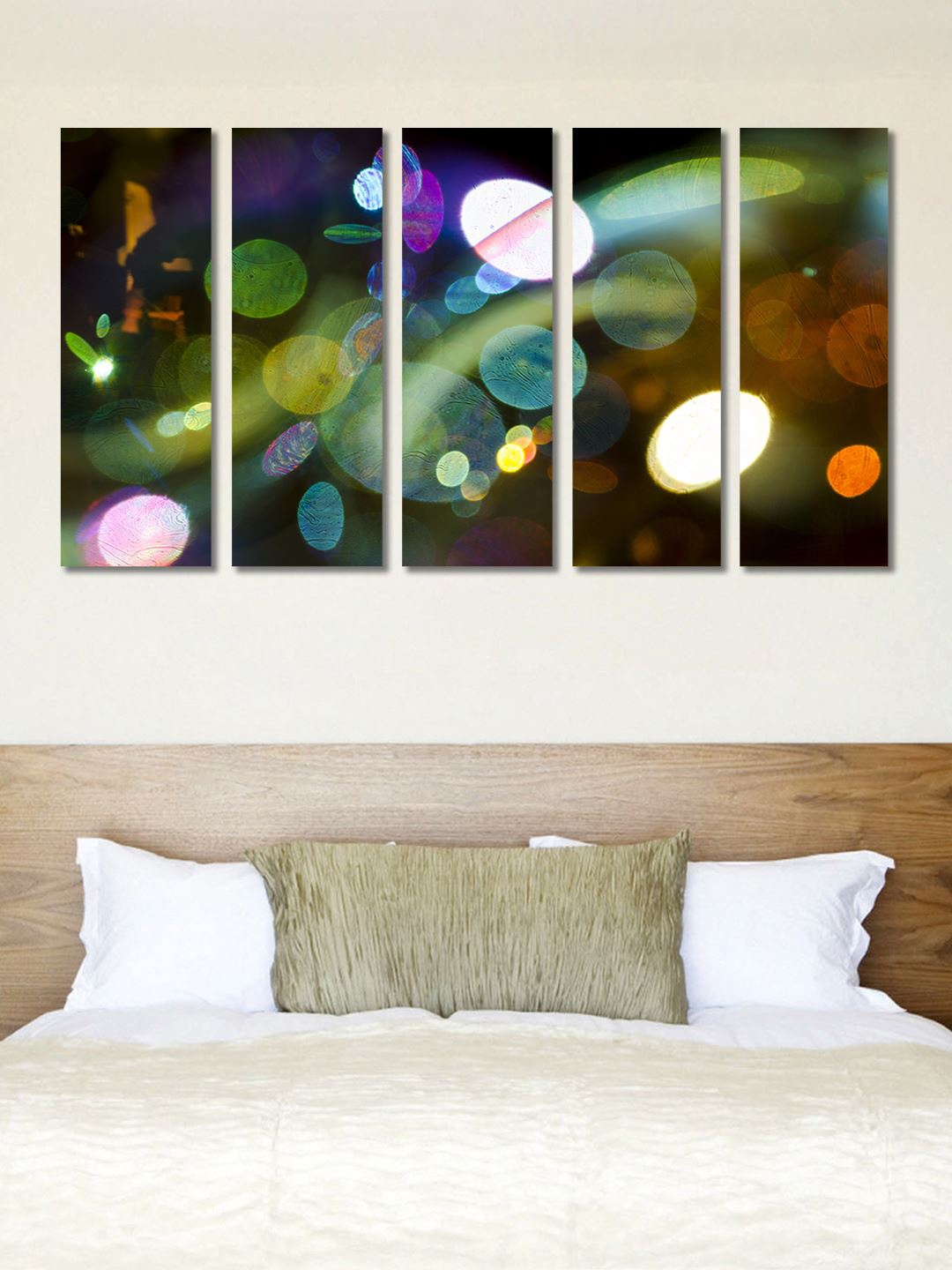 

999Store Set Of 5 Green & Purple Colourful Lights Painting Framed Wall Art