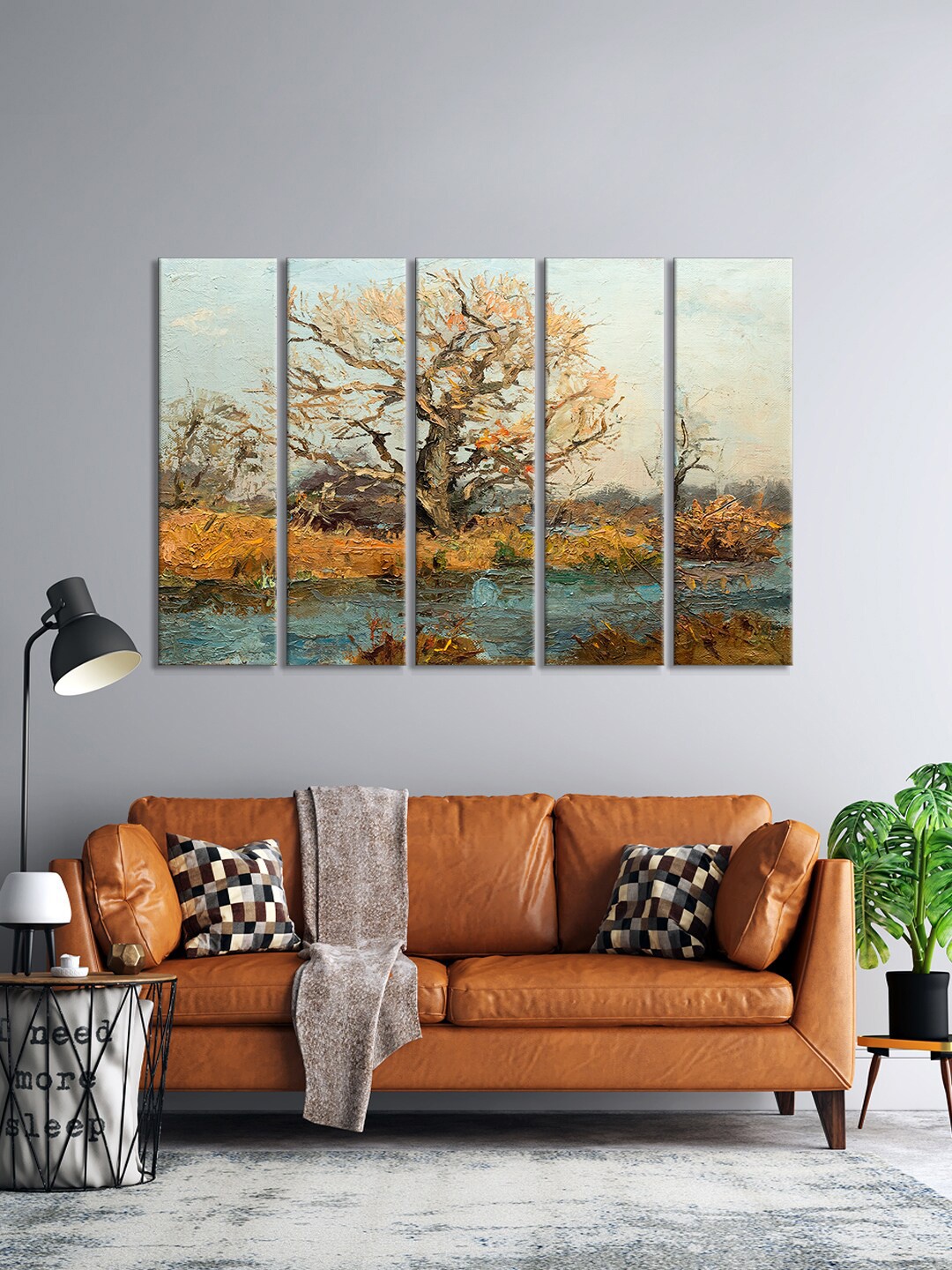 

999Store Set Of 5 Brown & Orange Colourful Tree With River Painting Framed Wall Art