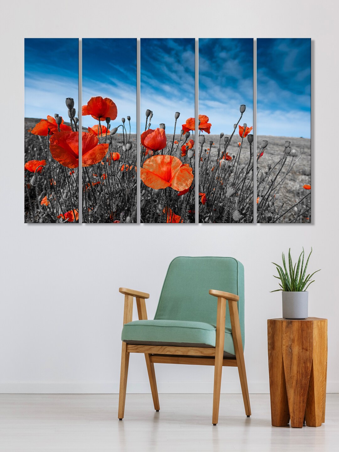 

999Store Set Of 5 Red Flowers Framed Wall Arts, Grey