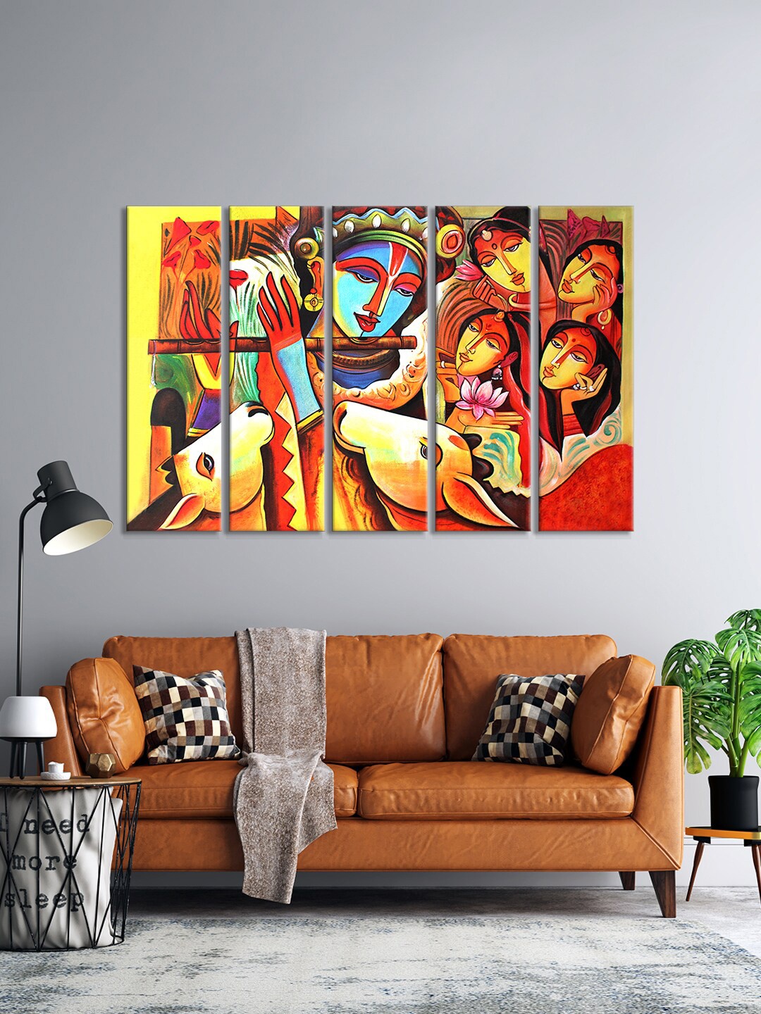 

999Store Set Of 5 Shri Krishna Playing Flute Framed Wall Arts, Red