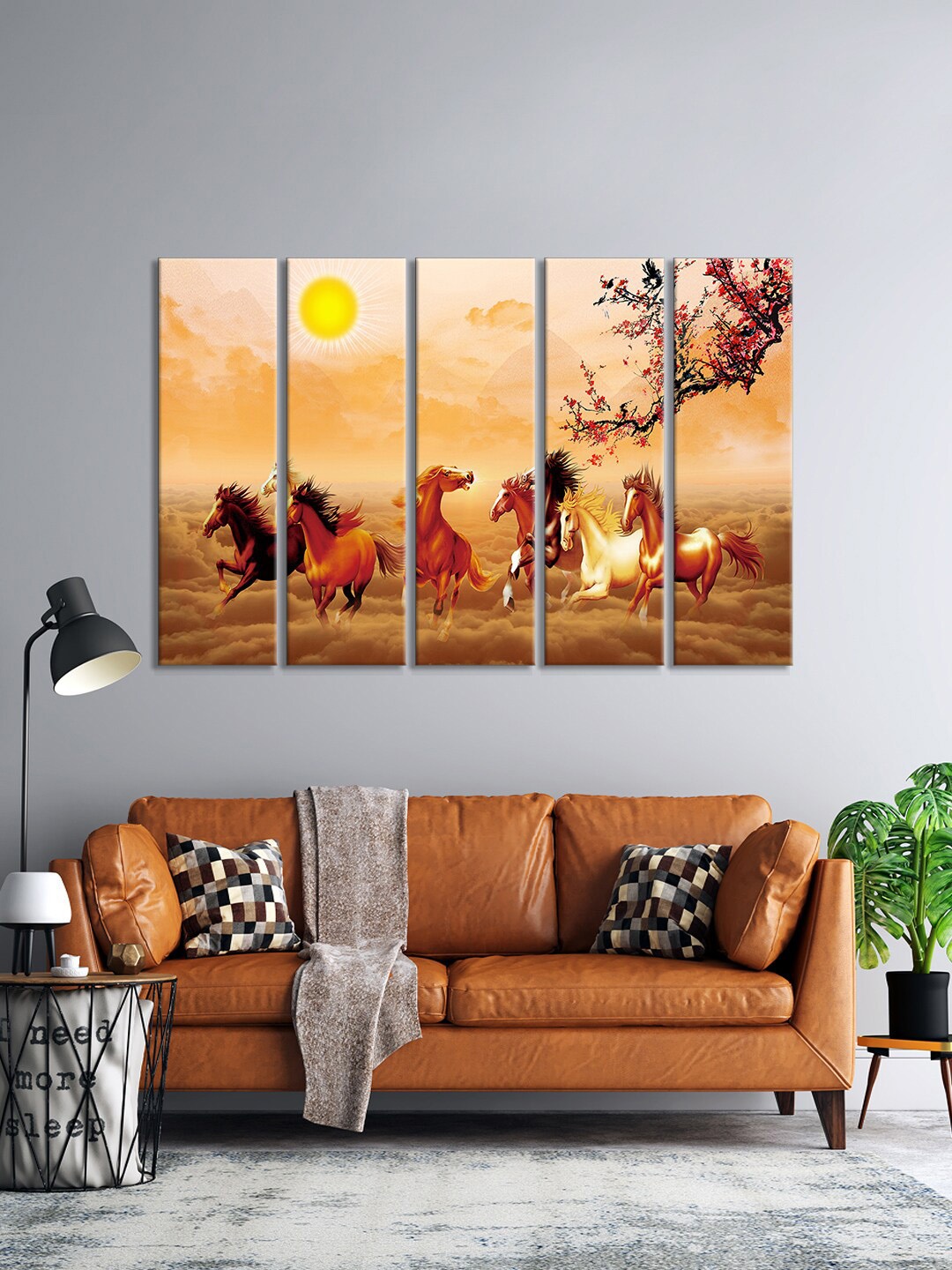 

999Store Set Of 5 Brown & Orange Horse Running in the jungle Printed Wall Painting