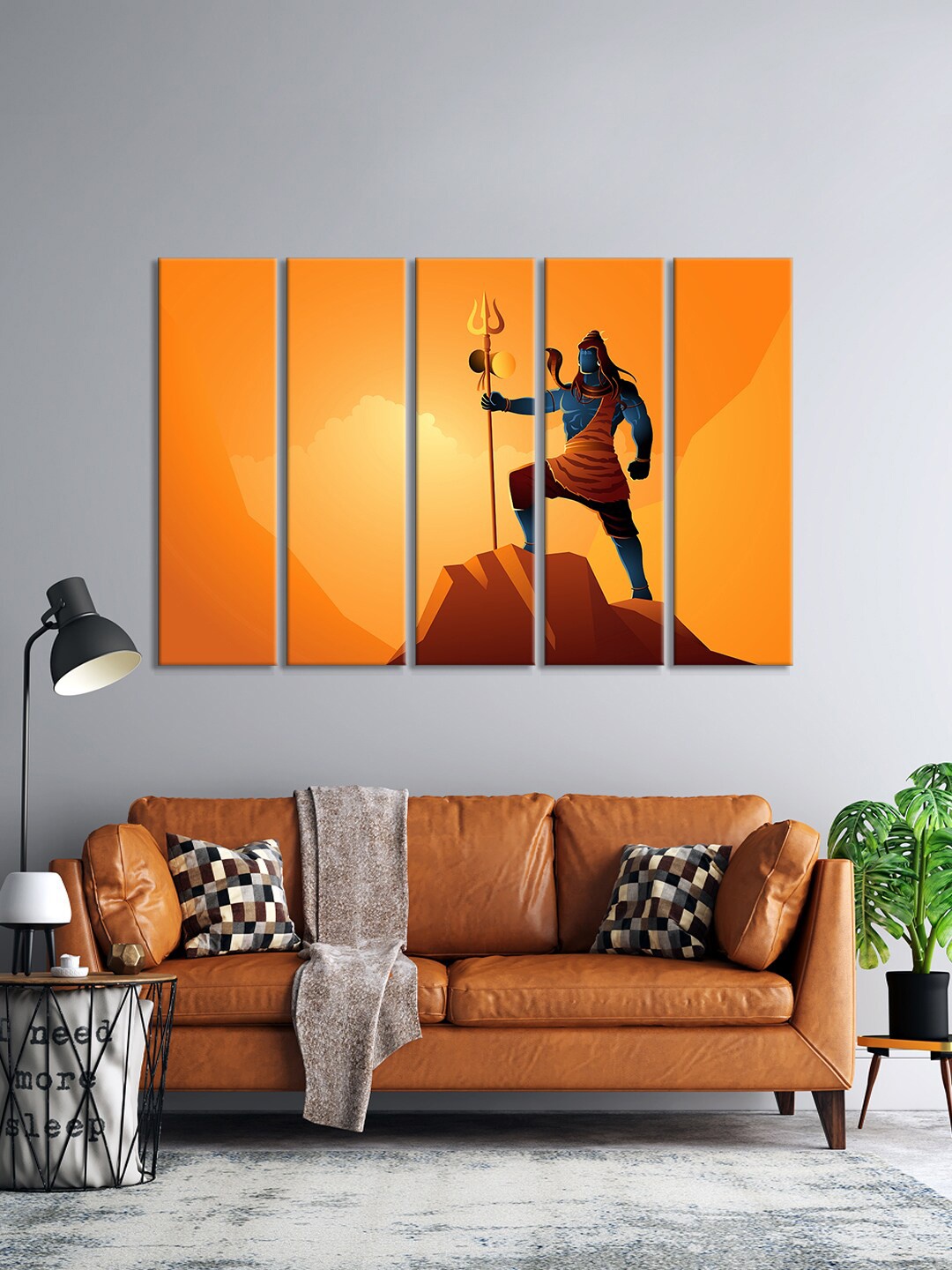 

999Store Set Of 5 Orange Lord Shiva Beautiful Art Hindu God Mahadev Pooja Wall Paintings