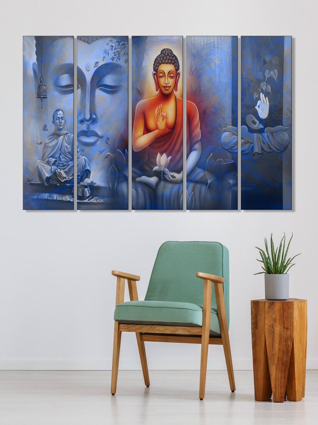 

999Store Set Of 5 Blue & Grey Meditating Buddha Painting Framed Wall Art