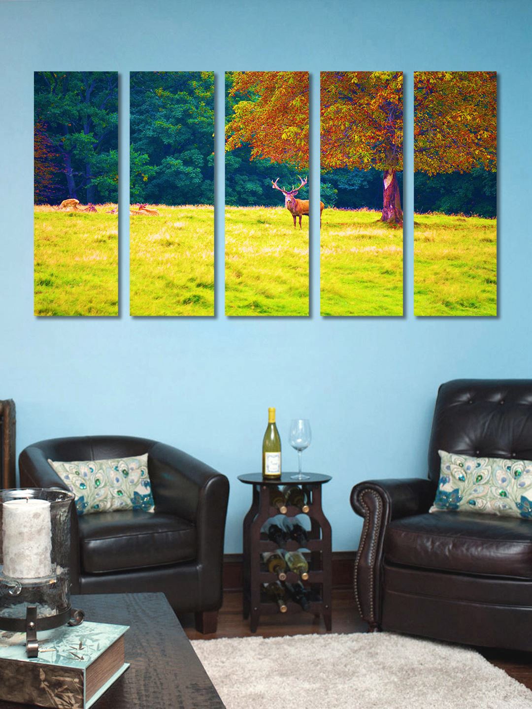

999Store Set Of 5 Green Deer in The Forest Wall Painting Frames
