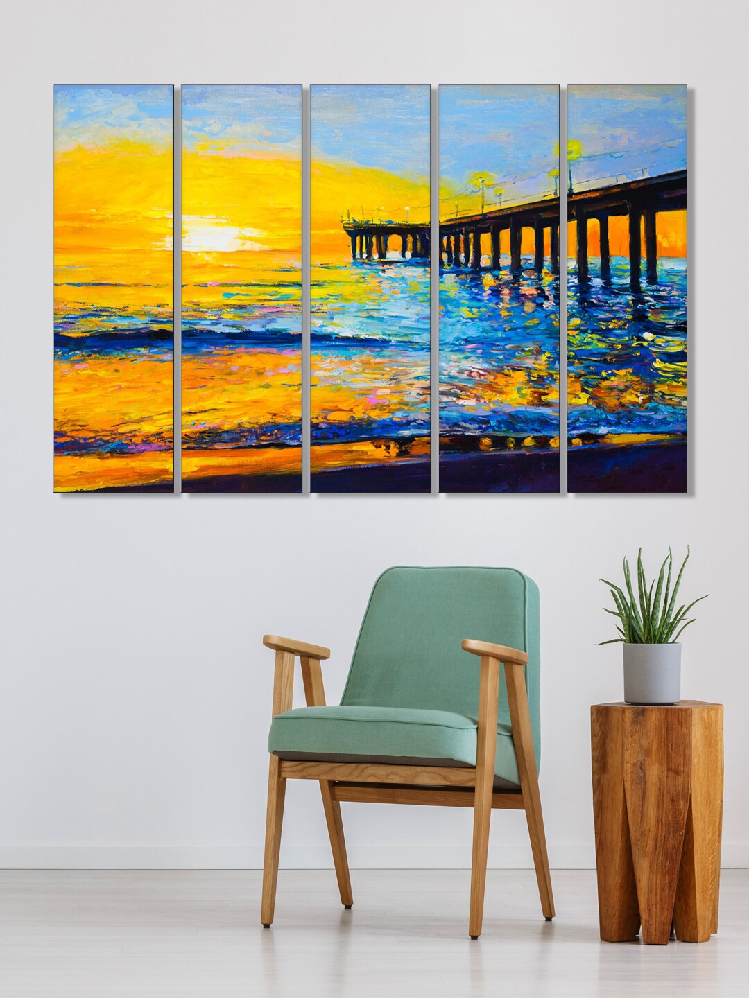 

999Store Set Of 5 Sunset & Bridge Framed Wall Arts, Yellow