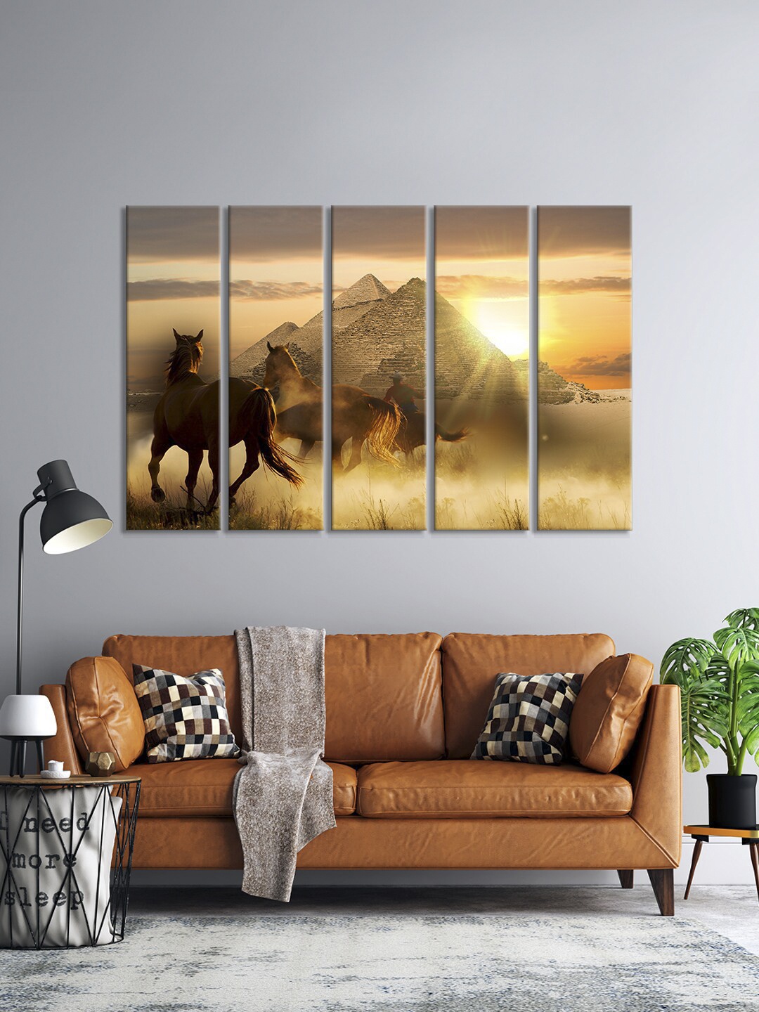

999Store Set Of 5 Brown Running Horse Near Pyramids In Egyptian Wall Painting Wall Hanging