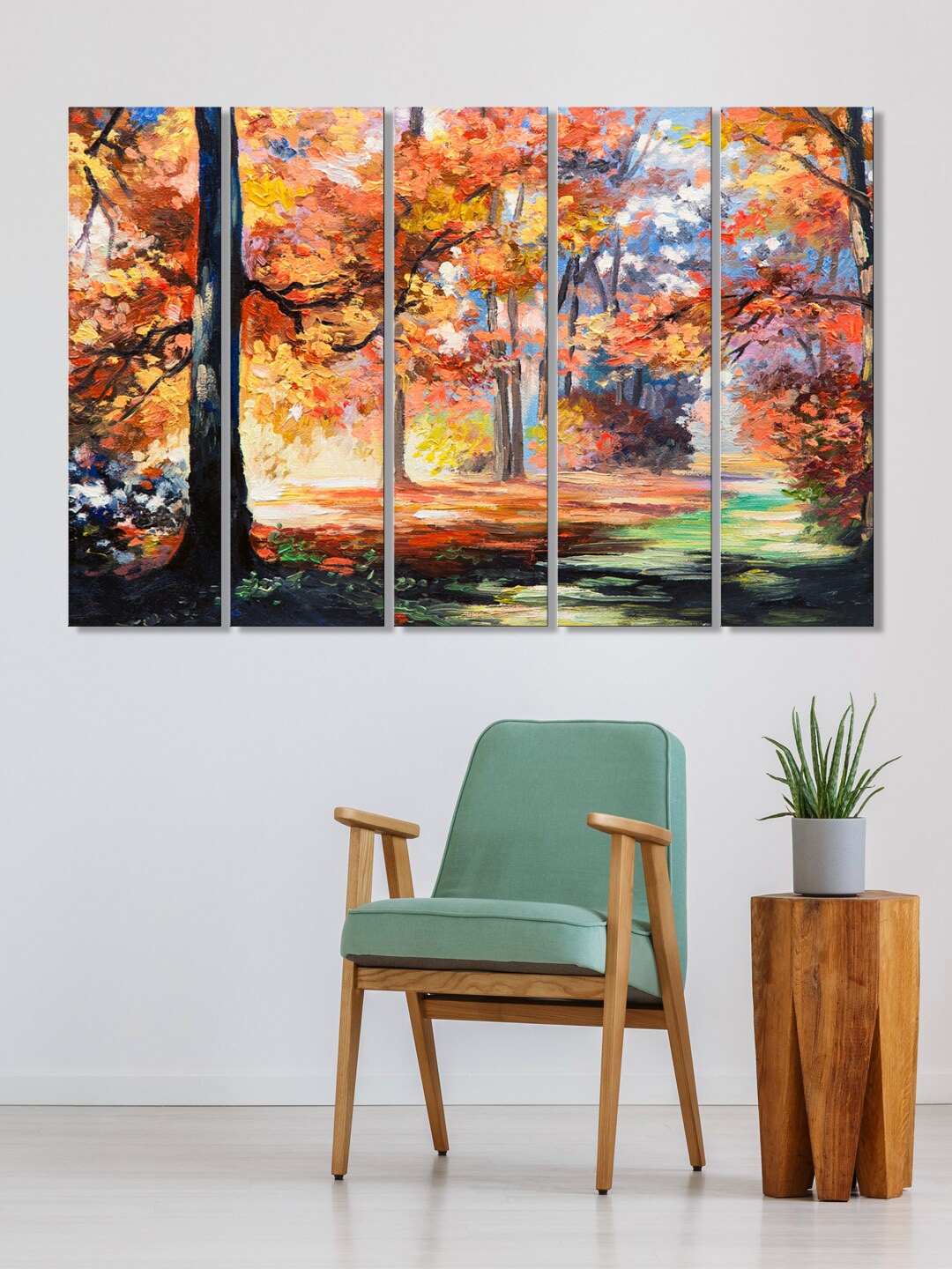 

999Store Set Of 5 Orange & Blue Autumn Painting Framed Wall Art