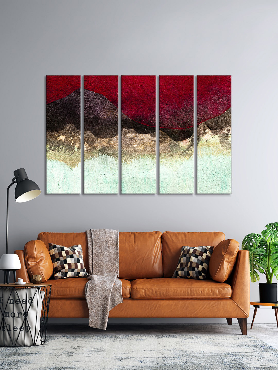 

999Store Set Of 5 Abstract Colorful Mountains Framed Wall Arts, Red