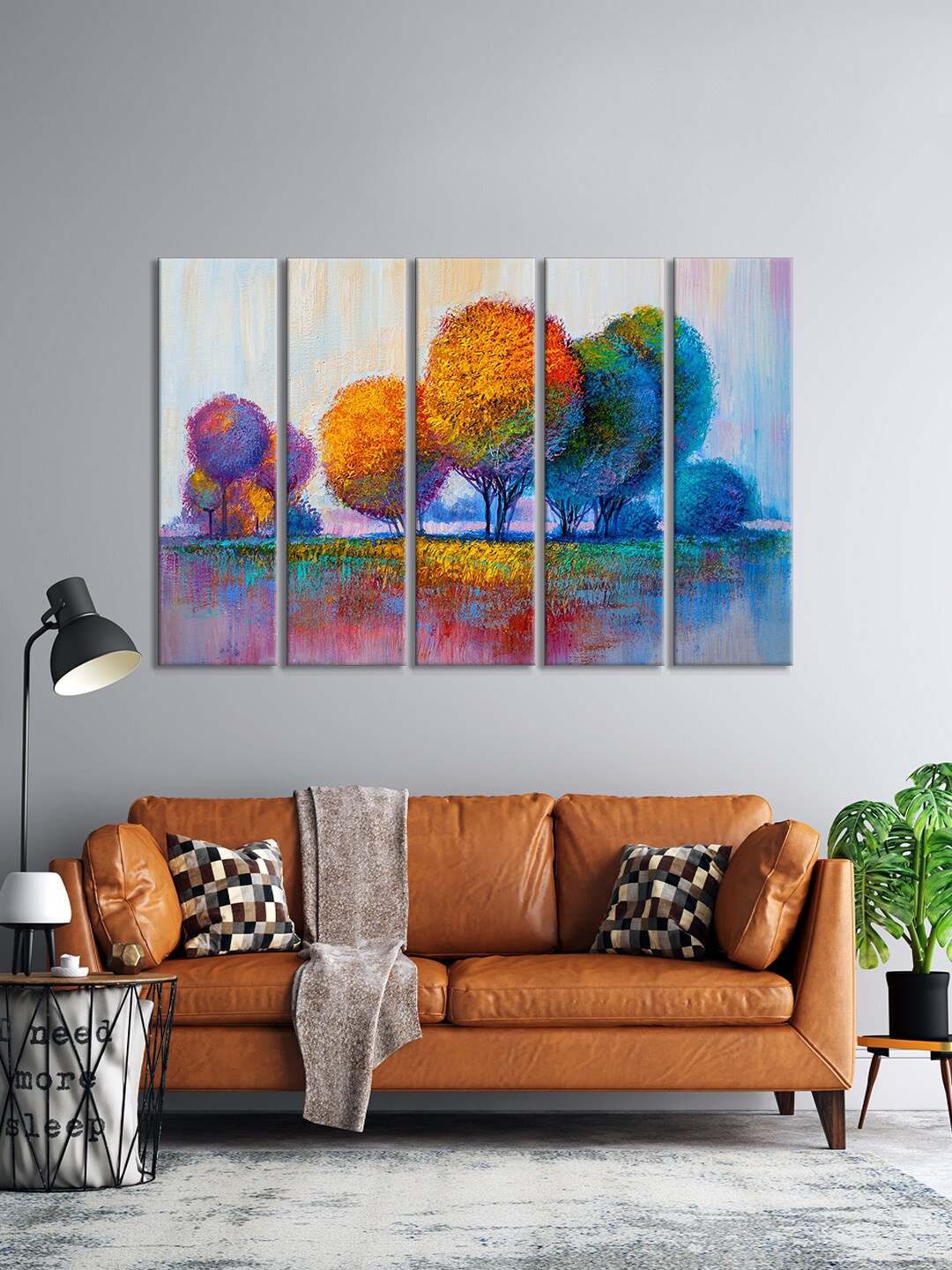 

999Store Set Of 5 Blue & Orange Colorful Tree Landscape Framed Wall Arts