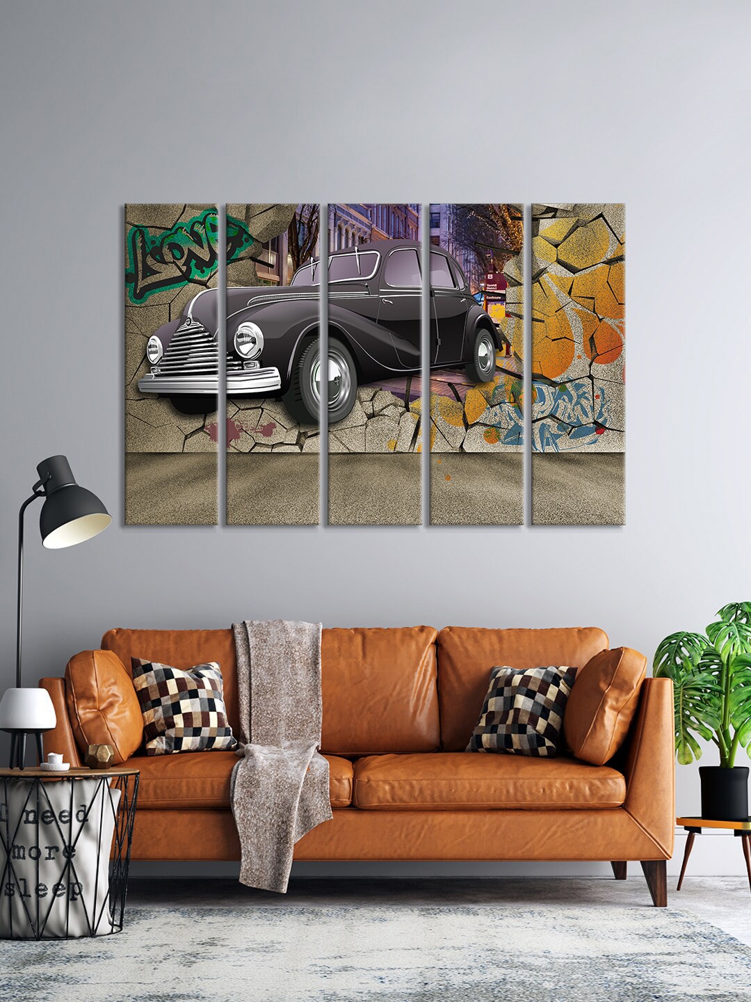 

999Store Set Of 5 Brown & Yellow Old Retro Car Wall Painting