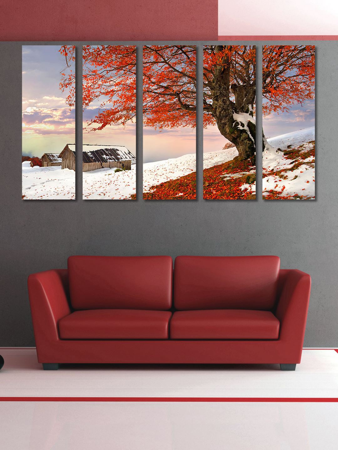 

999Store Red Set Of 5 Printed Tree in The Snow Framed Wall Art