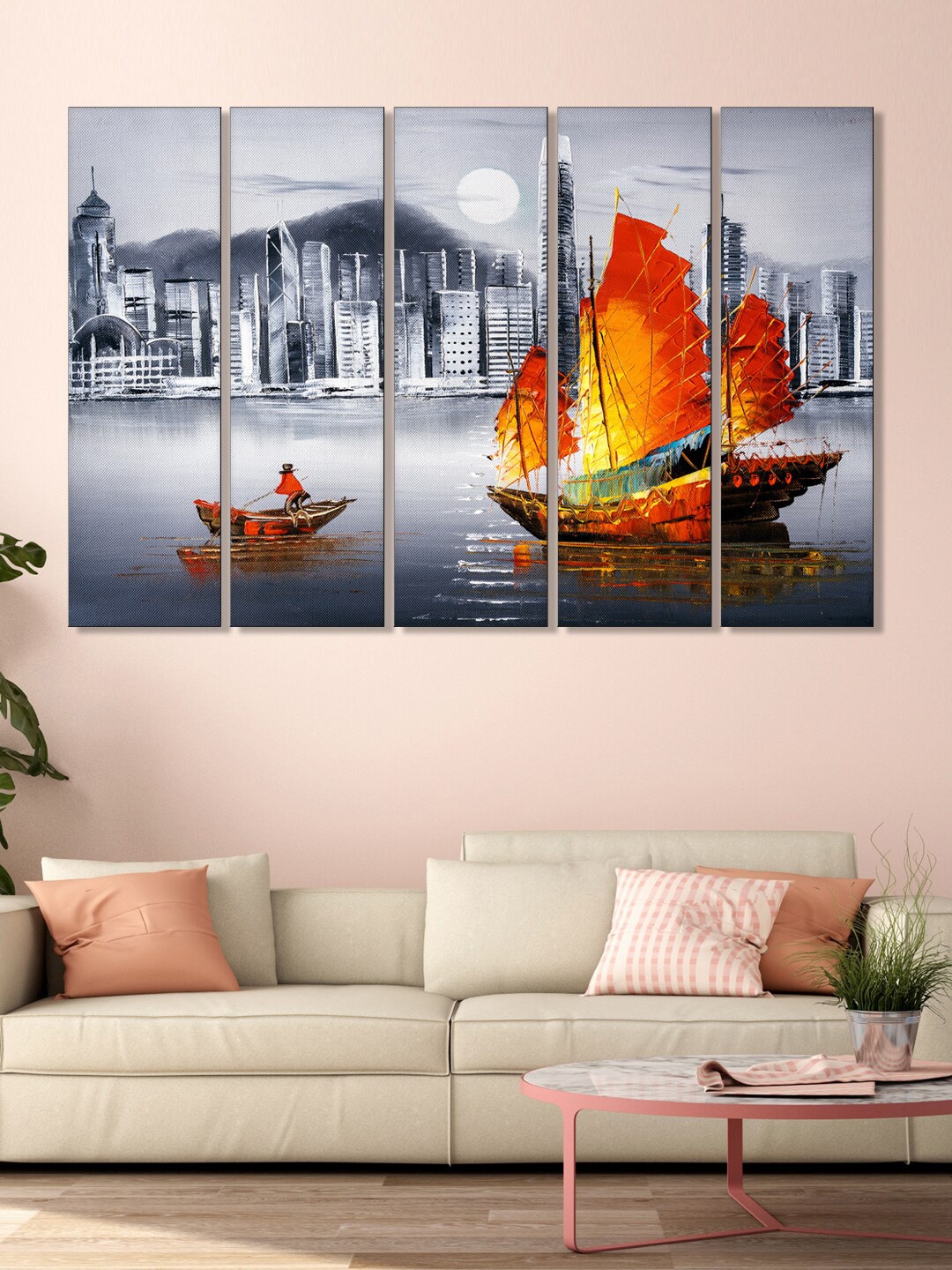 

999Store Set of 5 Orange & Grey Modern City & Vintage Boat Painting Wall Hanging