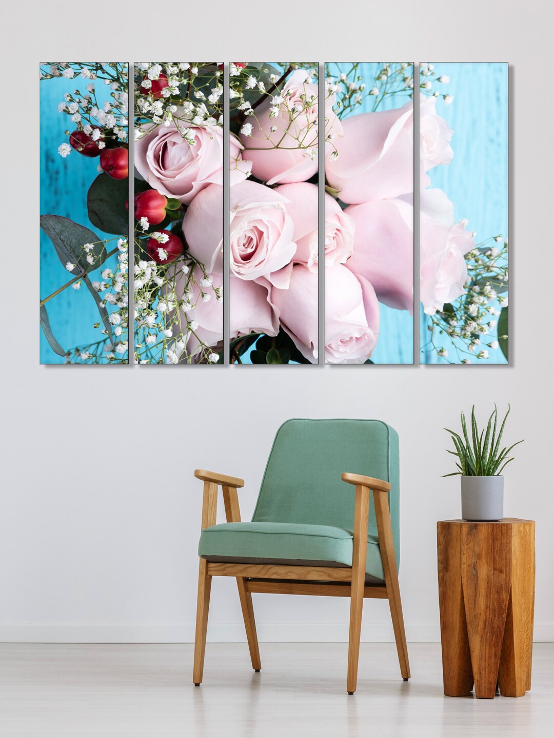 

999Store Blue & Pink Set Of 5 Pink Roses Printed Wall Art