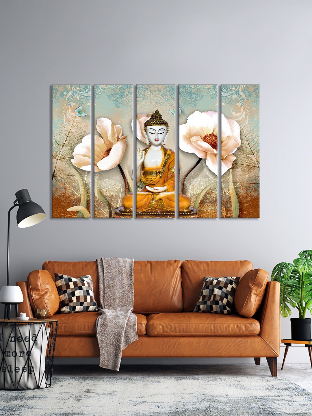 

999Store Set Of 5 Multicoloured Lord Buddha Wall Painting, Multi