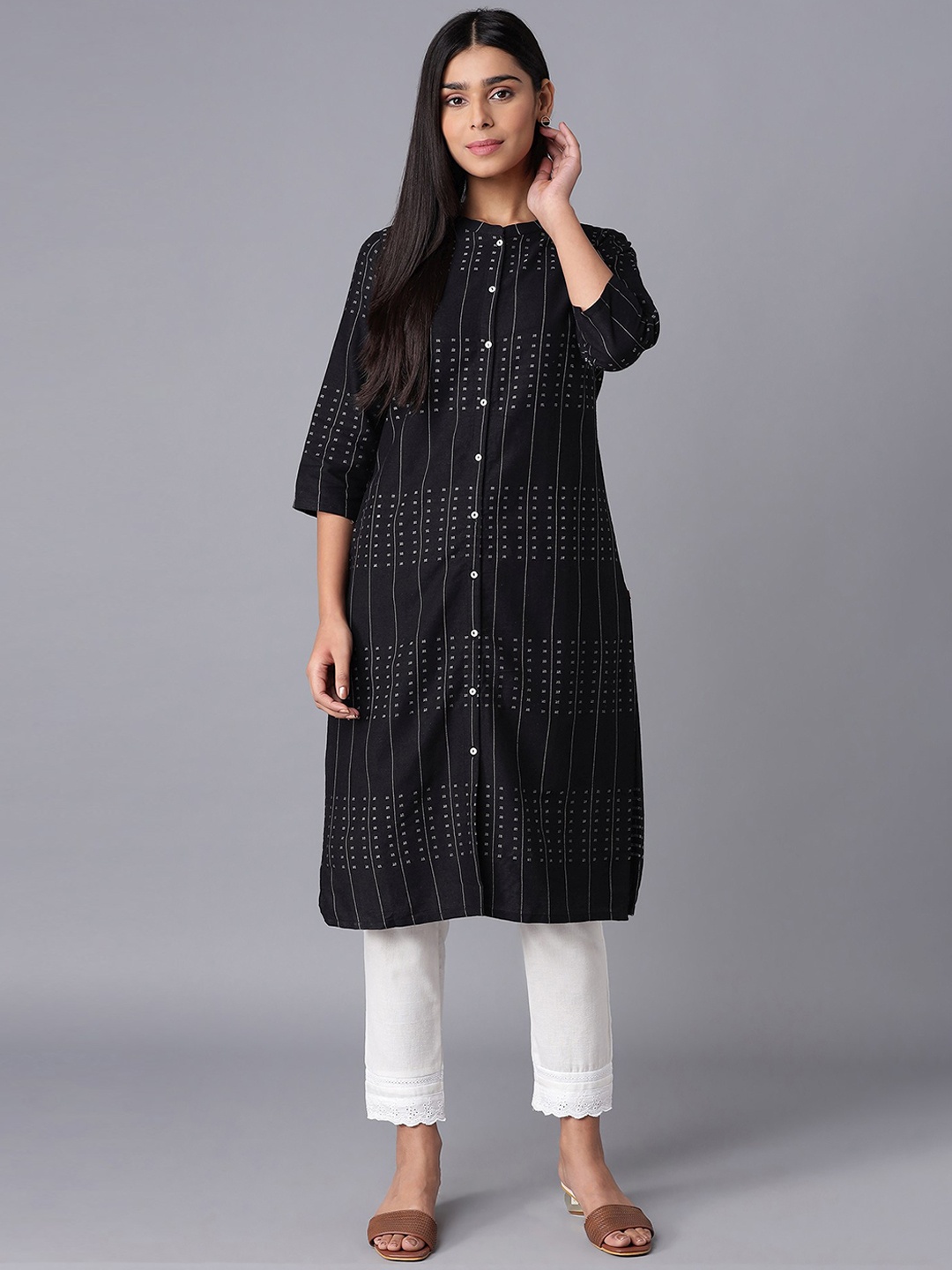 

W Women Black Geometric Striped Thread Work Kurta